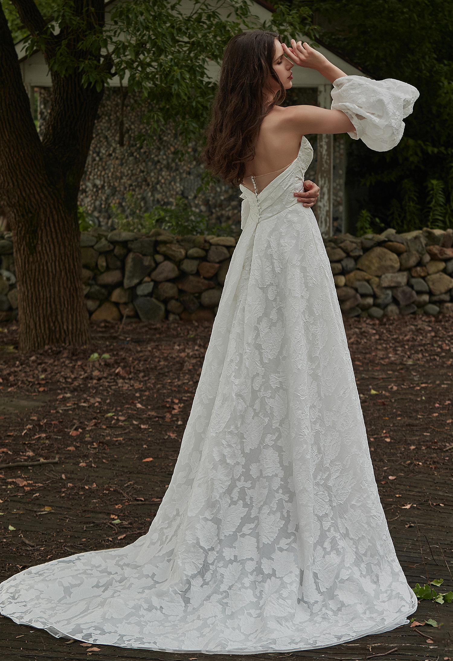 Whimsical Bloom: Jacquard Floral Off-the-Shoulder Gown - wedding dress at Lacy Bridal San Antonio