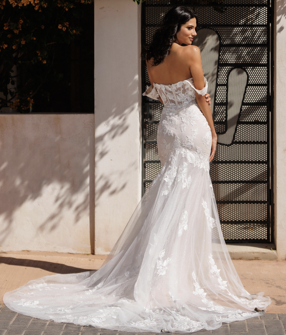 Off-the-Shoulder Lace Fit-and-Flare Wedding Dress | Modern Glamour by Lacy Bridal - wedding dress at Lacy Bridal San Antonio