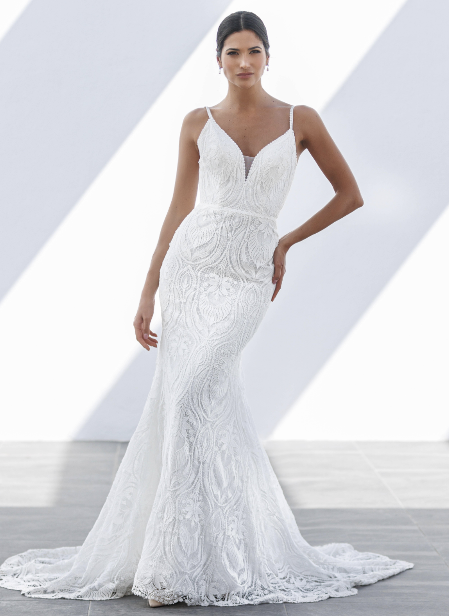 Sculpted in luxurious lace with bold geometric and floral detailing, this fit-and-flare gown combines contemporary artis
