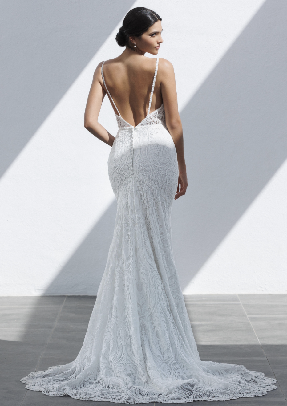 Lace Fit-and-Flare Wedding Dress with Plunging Neckline | Modern Elegance by Lacy Bridal - wedding dress at Lacy Bridal San Antonio