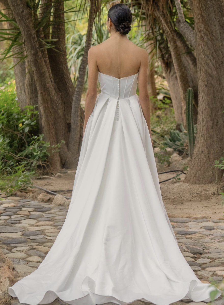 Strapless Satin Corset Wedding Dress with Slit | Modern Minimalist by Lacy Bridal - wedding dress at Lacy Bridal San Antonio