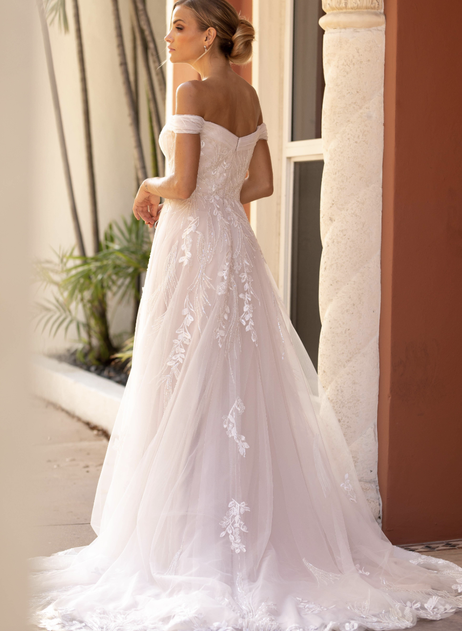 Off-the-Shoulder Tulle A-Line Wedding Dress | Effortless Romance by Lacy Bridal - wedding dress at Lacy Bridal San Antonio