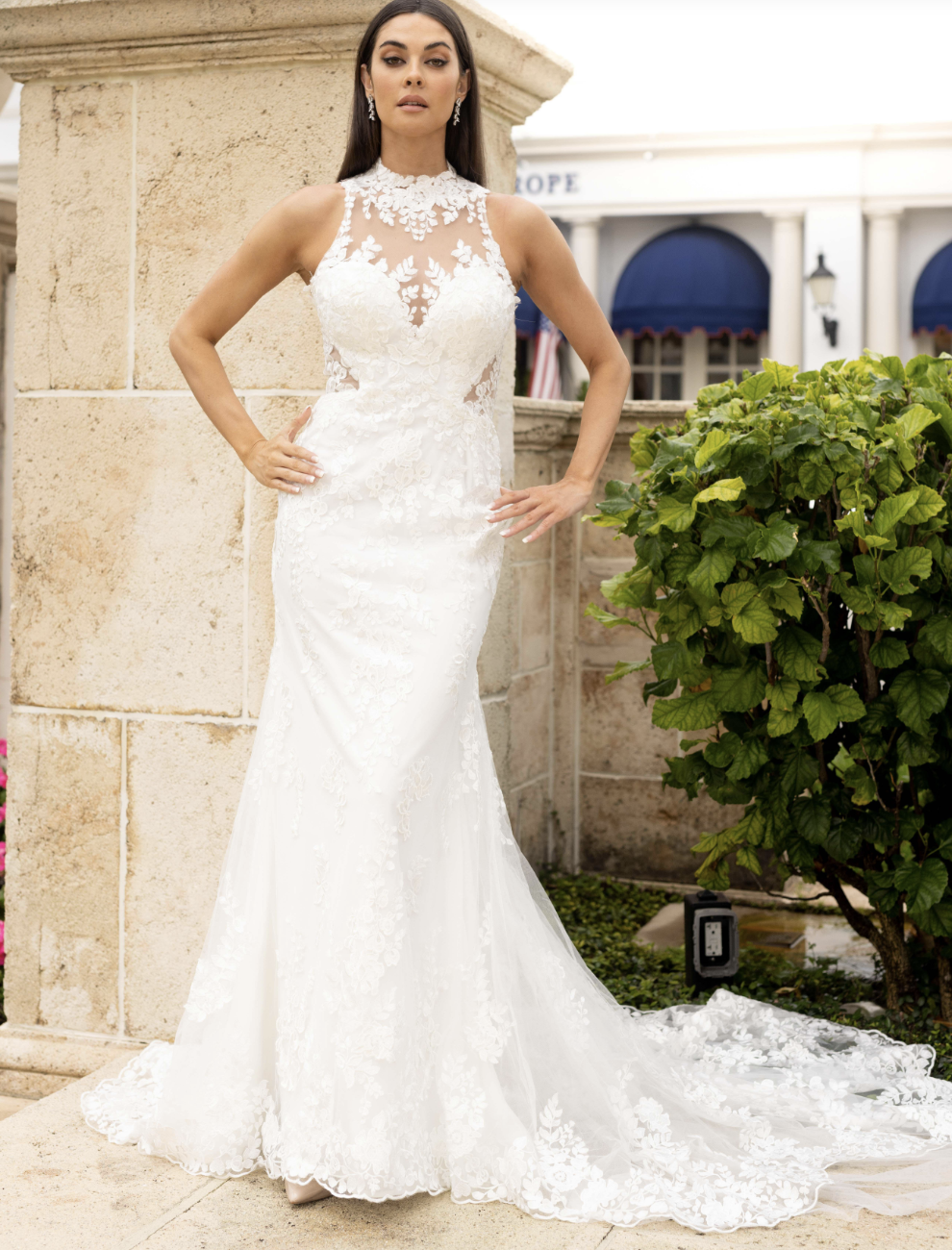 A breathtaking lace wedding gown featuring a sheer illusion neckline, intricate floral appliqués, and a fit-and-flare si