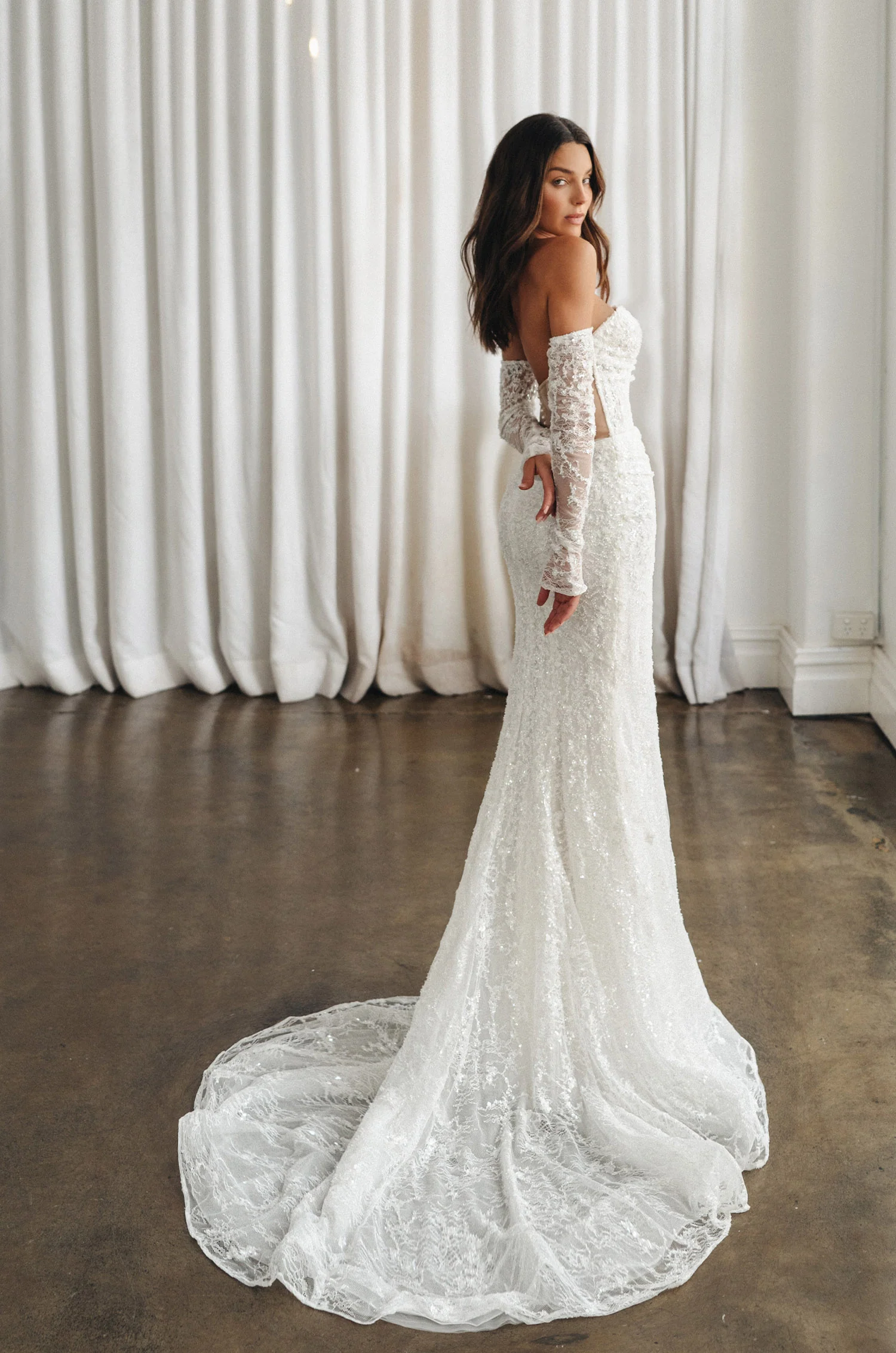 Strapless Lace Corset Wedding Dress with Gloves | Modern Glam by Lacy Bridal - wedding dress at Lacy Bridal San Antonio