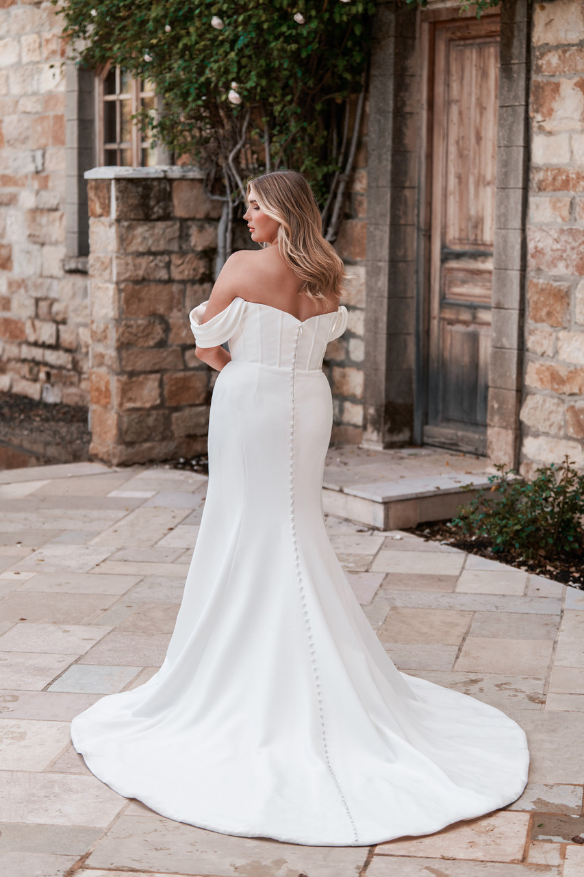 Basque Waist Fit & Flare Satin Wedding Dress - wedding dress at Lacy Bridal San Antonio