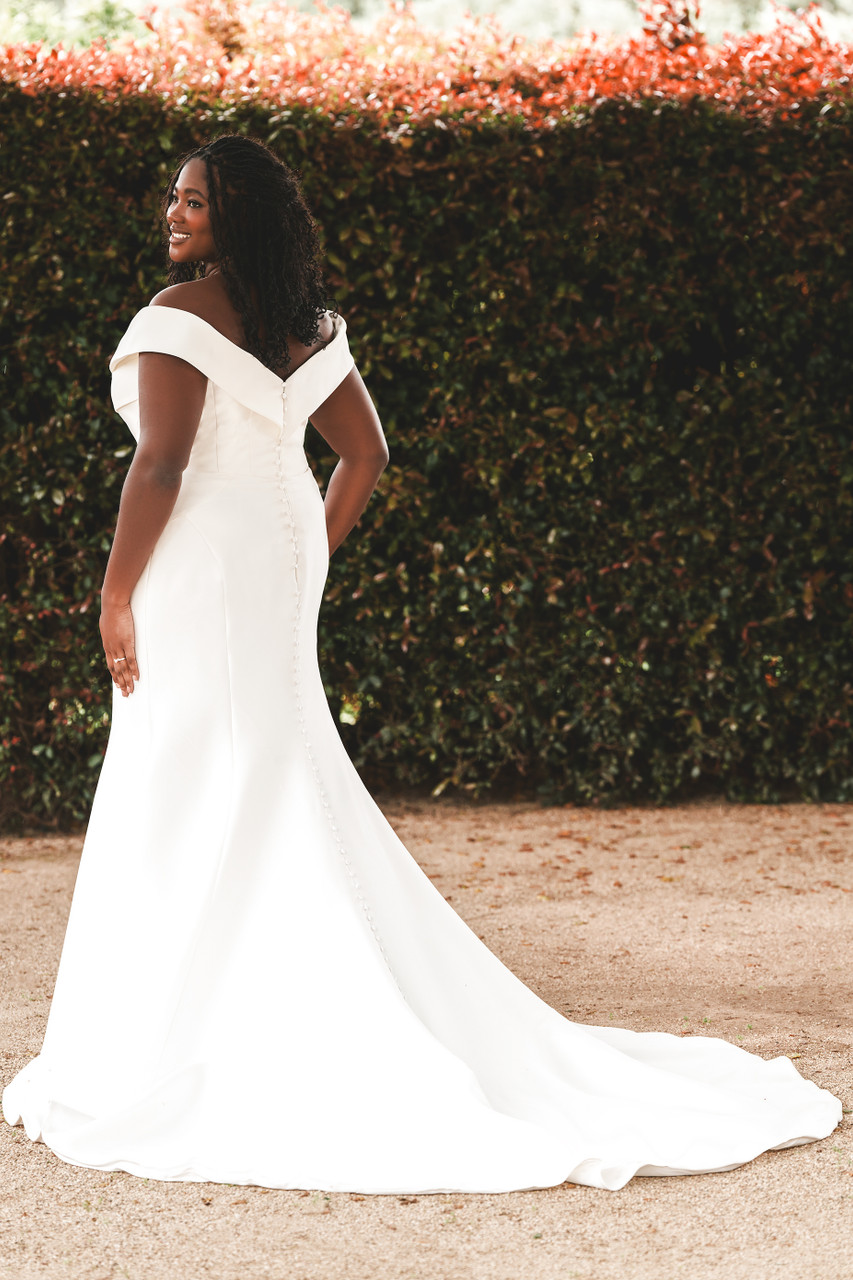 Off-the-Shoulder Satin Fit-and-Flare Gown - wedding dress at Lacy Bridal San Antonio