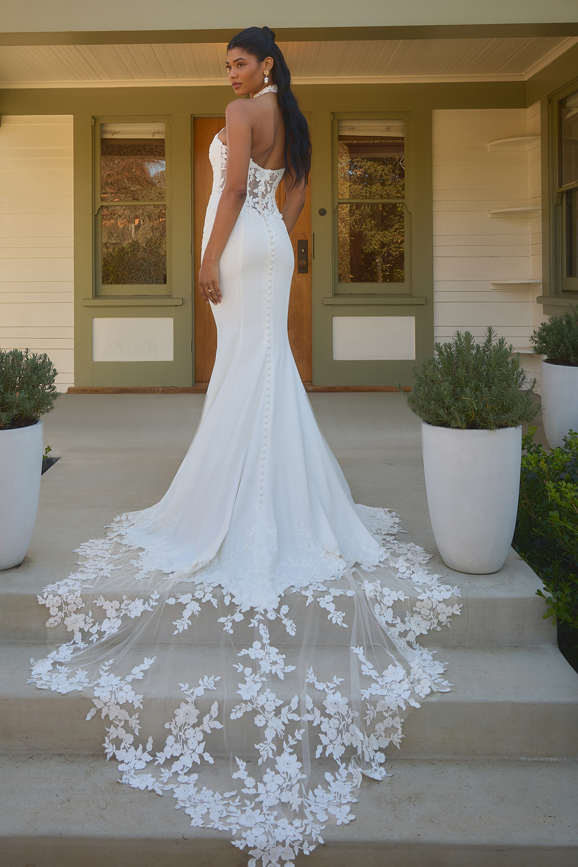 Sequined Lace Applique Halter Wedding Dress - wedding dress at Lacy Bridal San Antonio