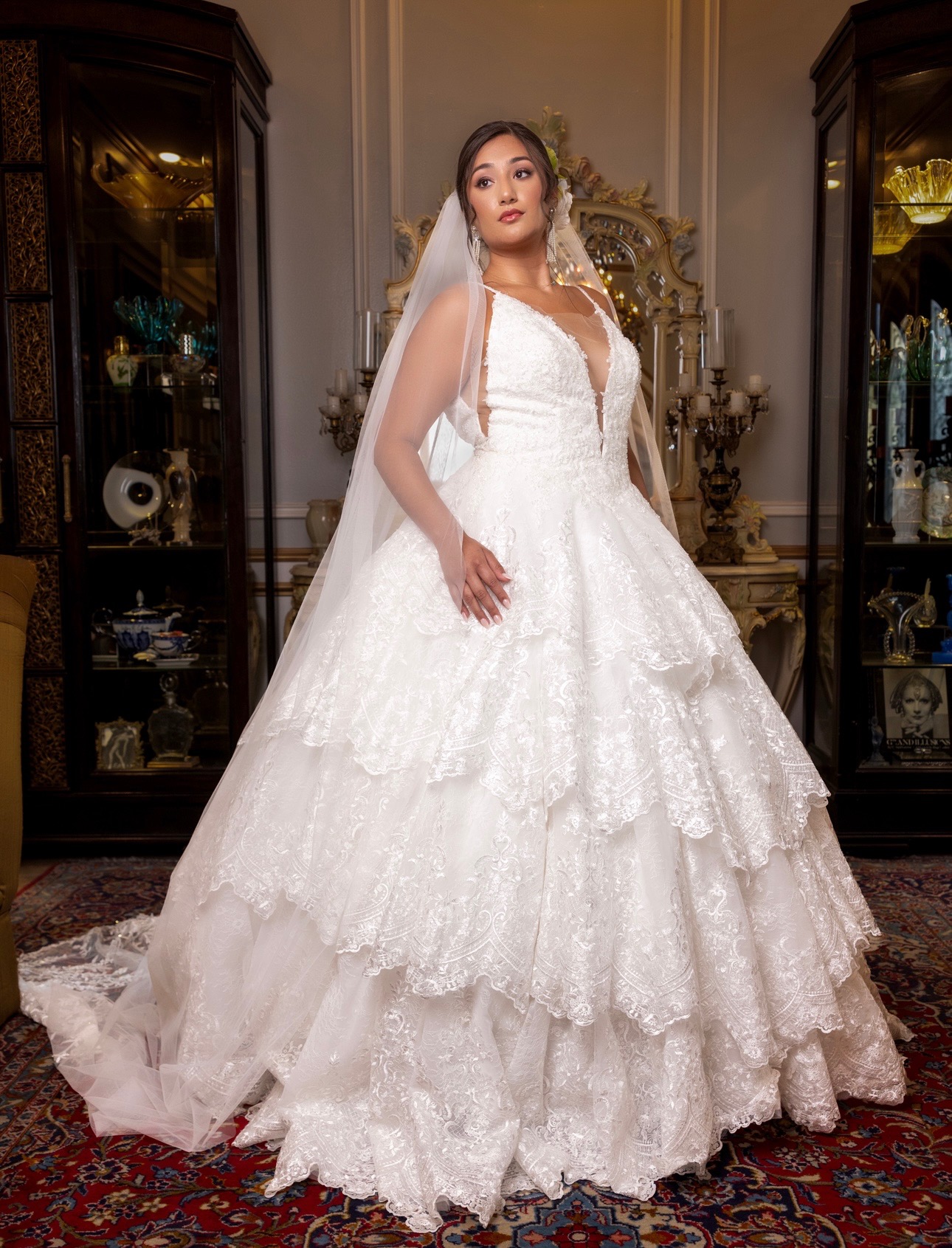 Make a grand entrance in this layered lace ball gown featuring a plunging neckline, shimmering details, and voluminous t