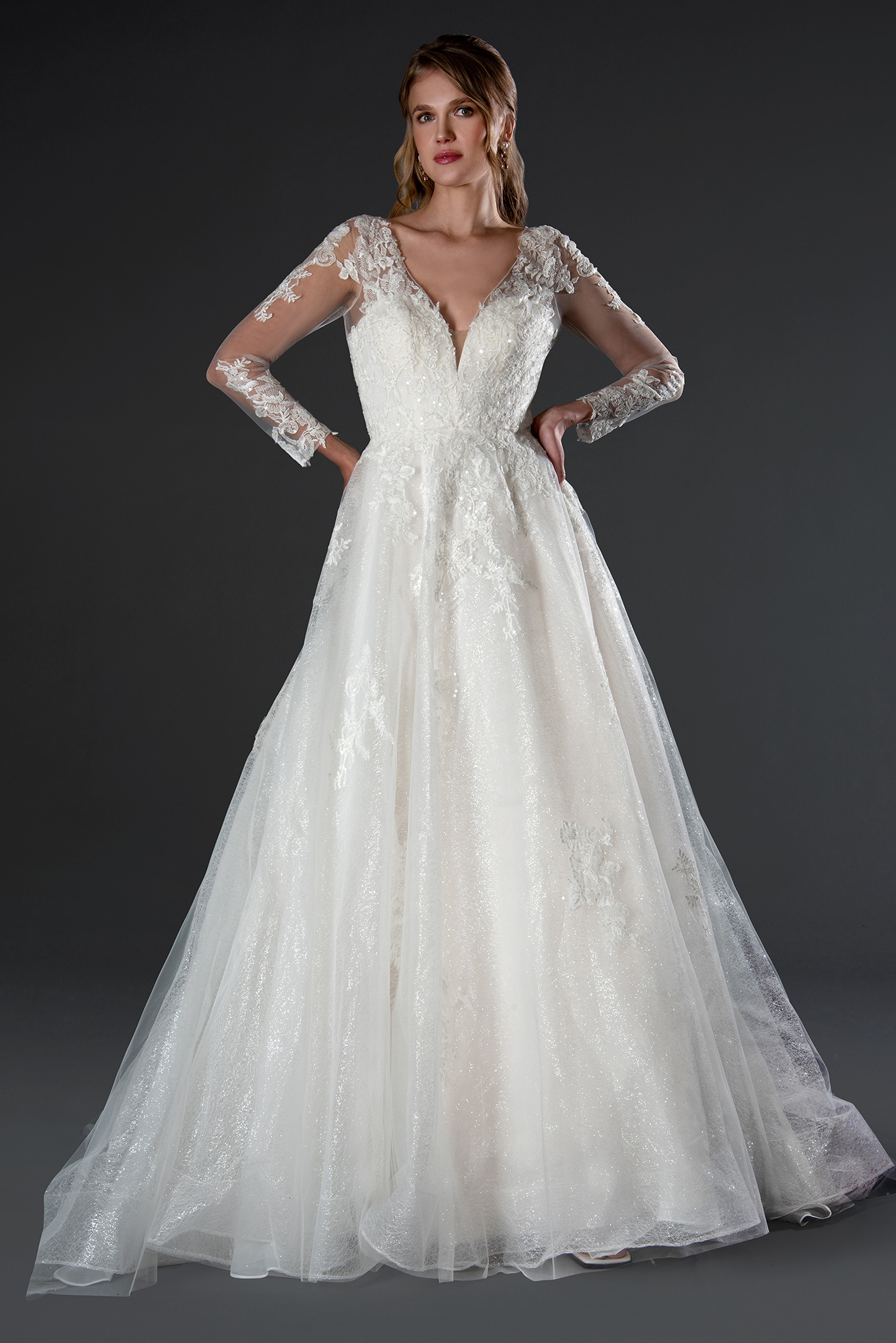 A gown that glows with romance. This long-sleeve ball gown features shimmering tulle, floral lace appliqués, and an illu