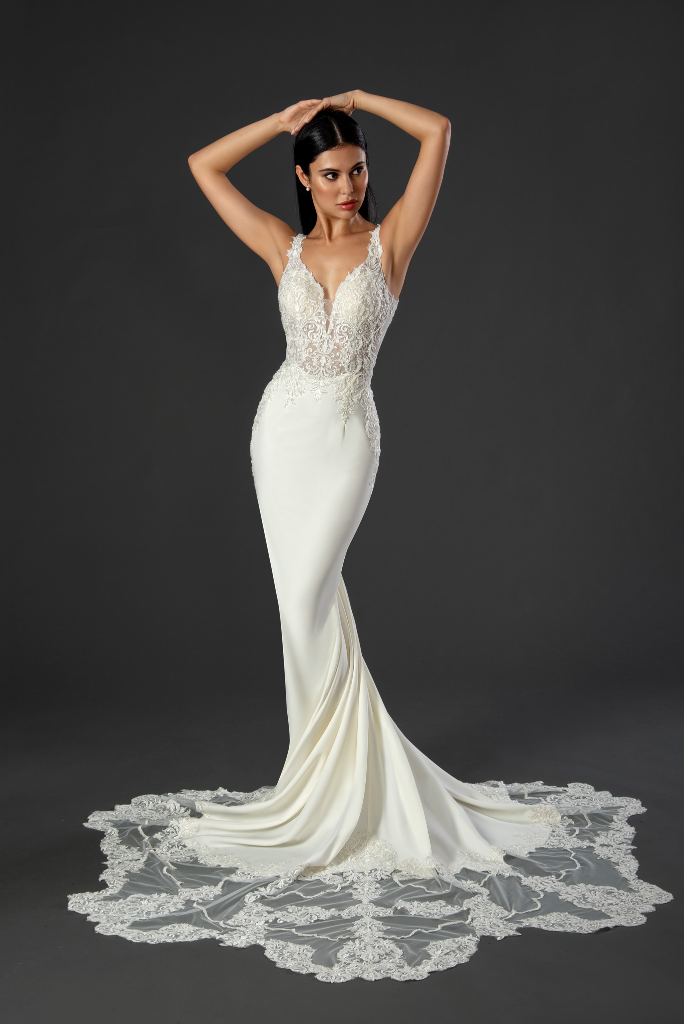A captivating blend of romance and allure. This fit-and-flare gown features a sheer lace bodice, sculpted crepe skirt, a