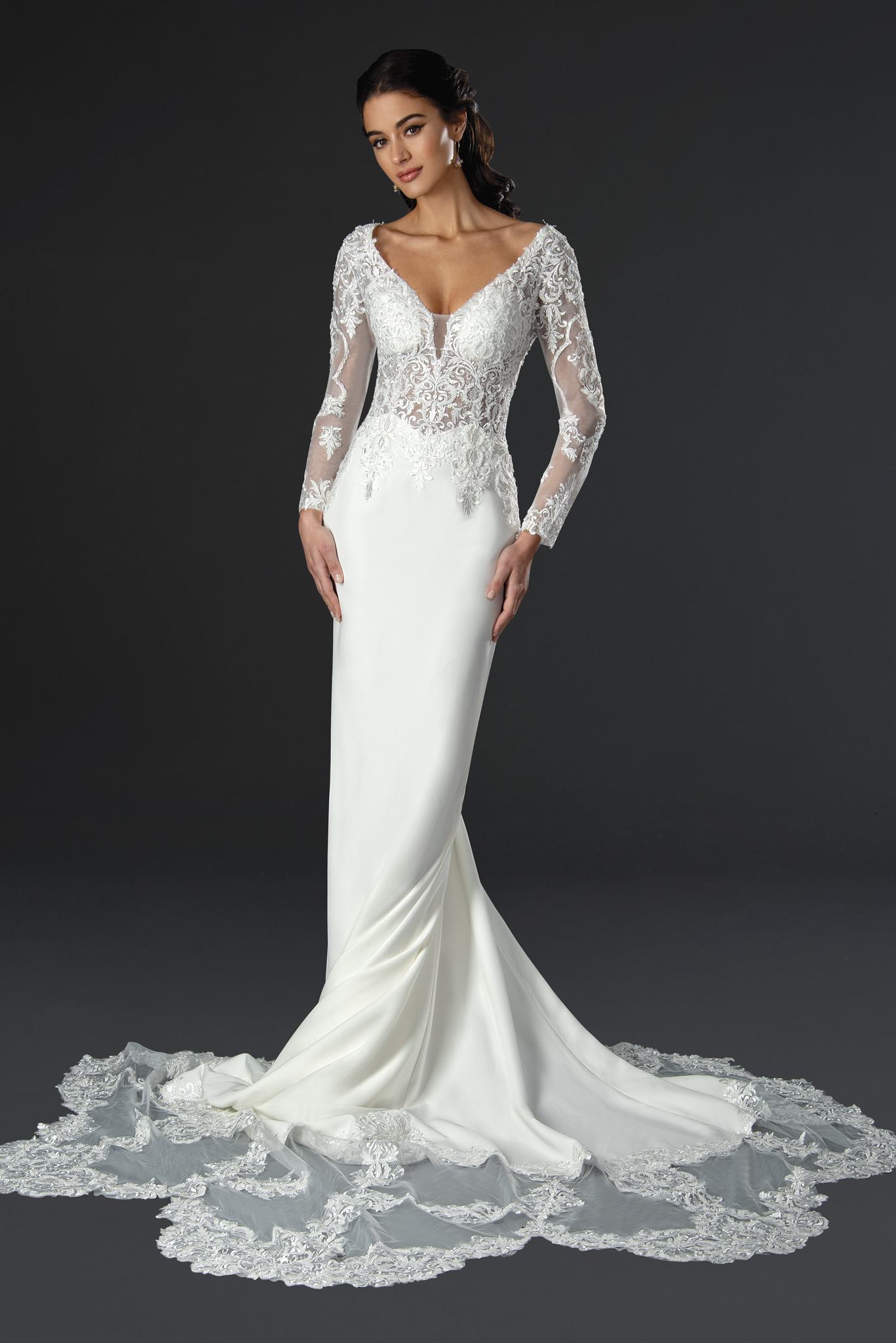 Classic elegance with a modern twist. This long sleeve wedding gown features delicate illusion lace, a flattering fit-an