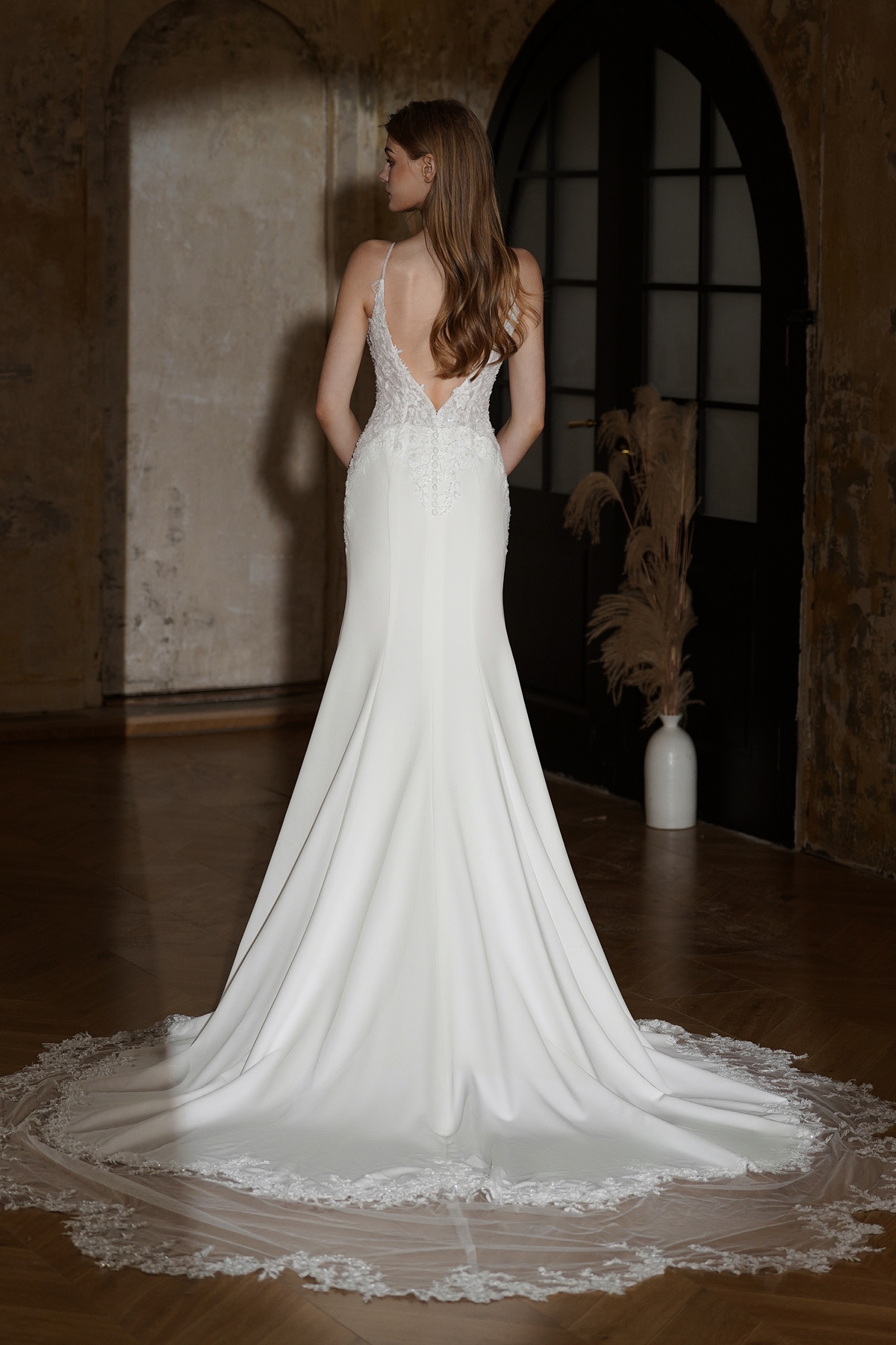 Sleek Lace & Crepe Wedding Dress with Plunge Neckline | Modern Minimalist by Lacy Bridal - wedding dress at Lacy Bridal San Antonio