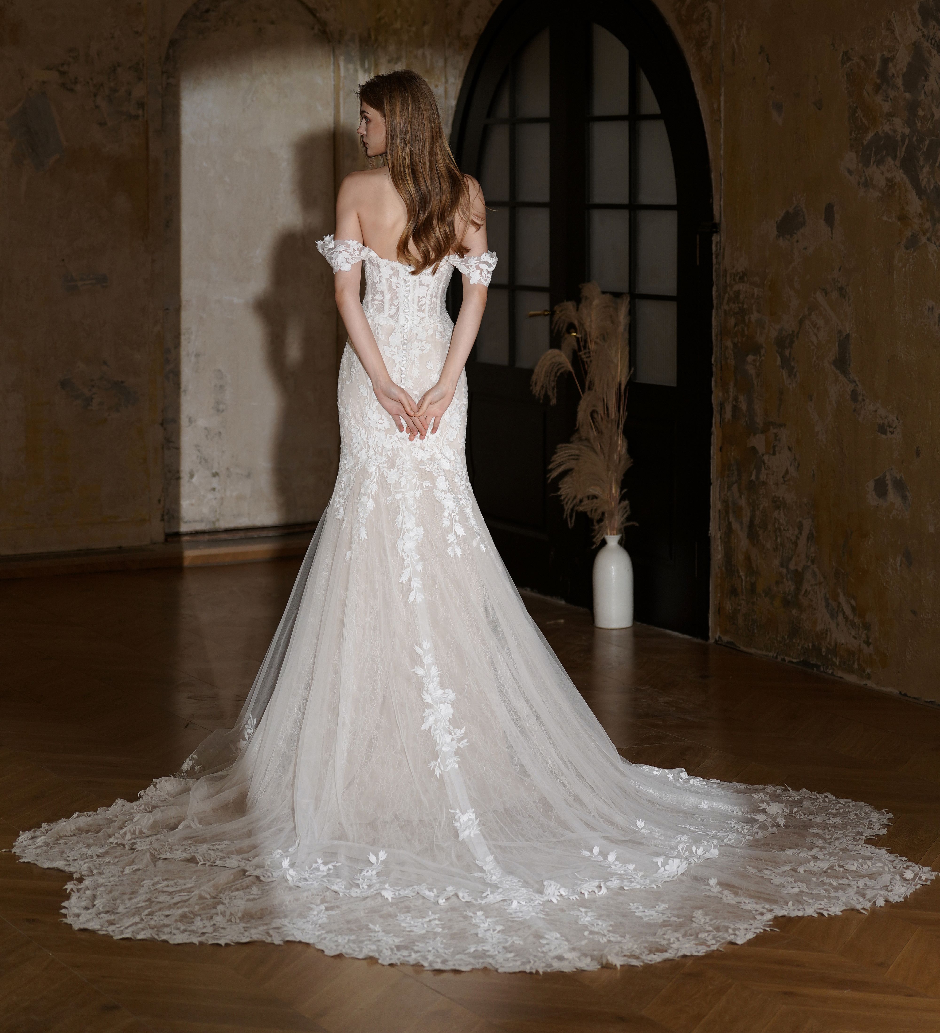 Off-Shoulder Lace Fit and Flare Wedding Dress | Romantic Glam by Lacy Bridal - wedding dress at Lacy Bridal San Antonio
