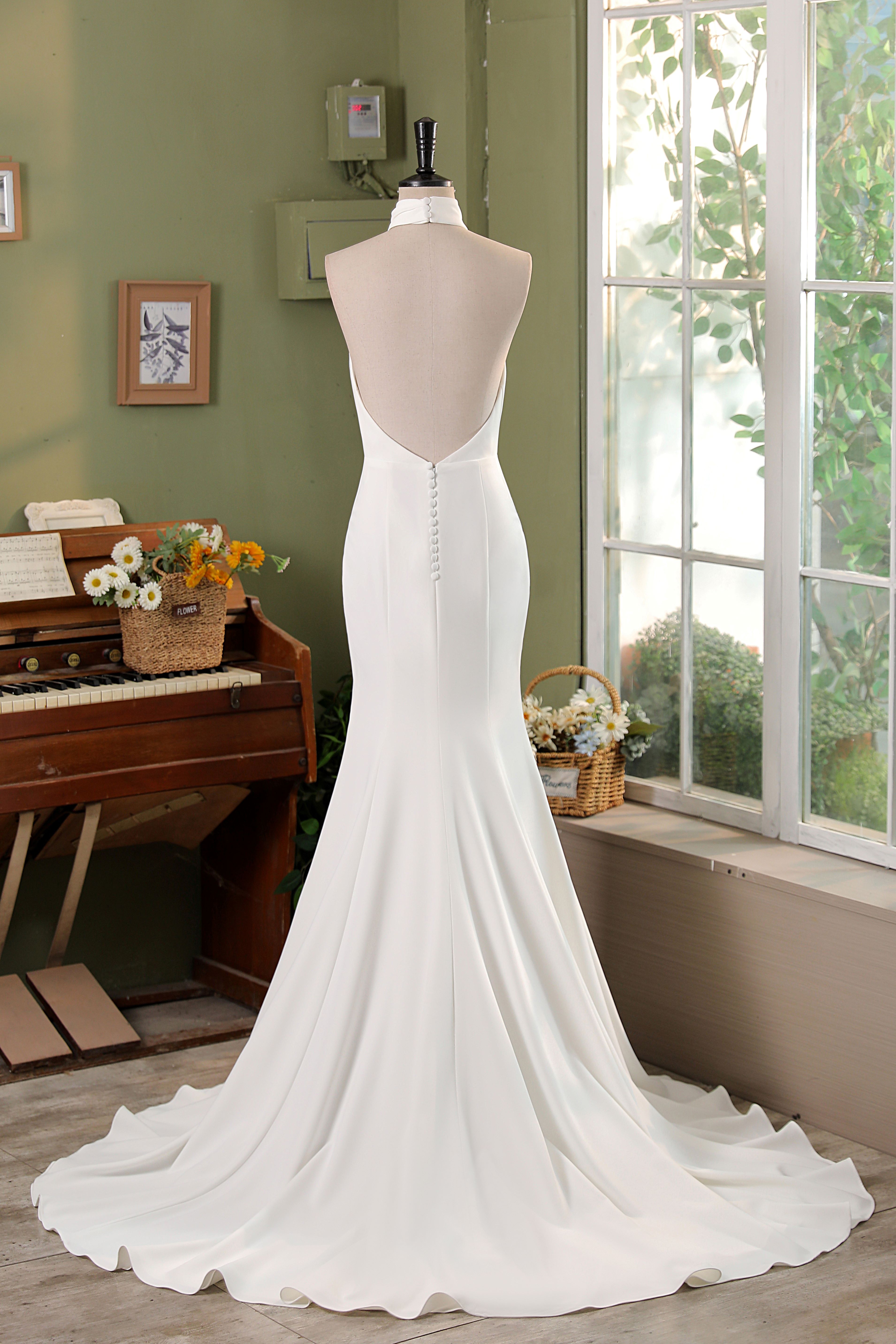 High Neck Crepe Wedding Dress | Chic Modern Minimalist by Lacy Bridal - wedding dress at Lacy Bridal San Antonio