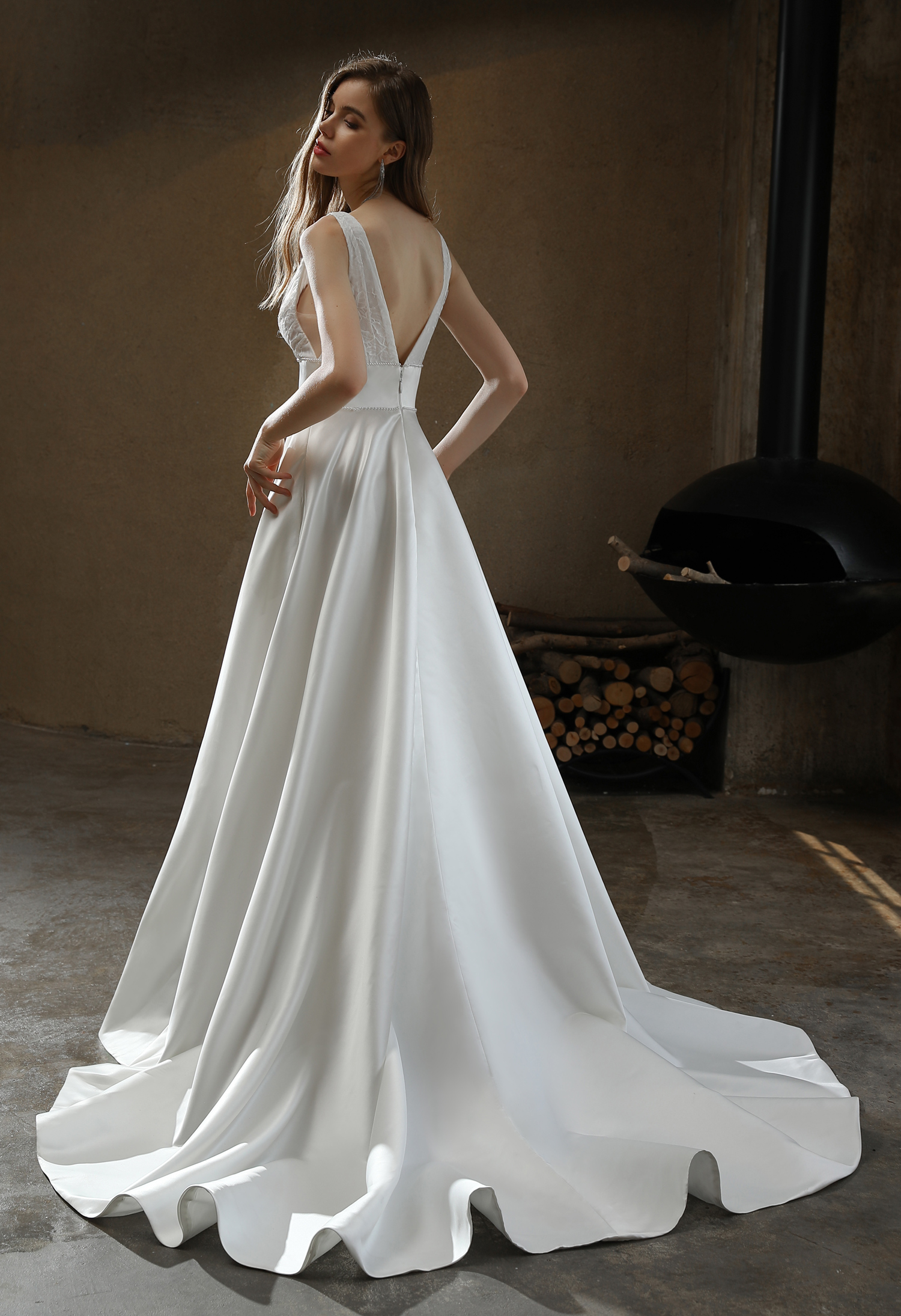 Satin V-neck Wedding Dress - wedding dress at Lacy Bridal San Antonio