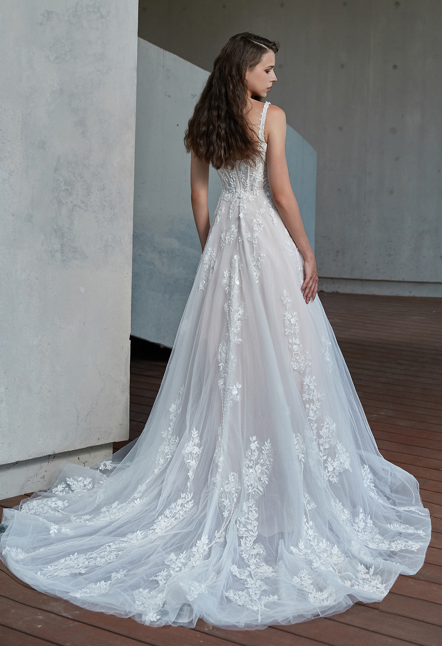 Square Neckline Delicate Bead Lace Wedding Dress - wedding dress at Lacy Bridal San Antonio
