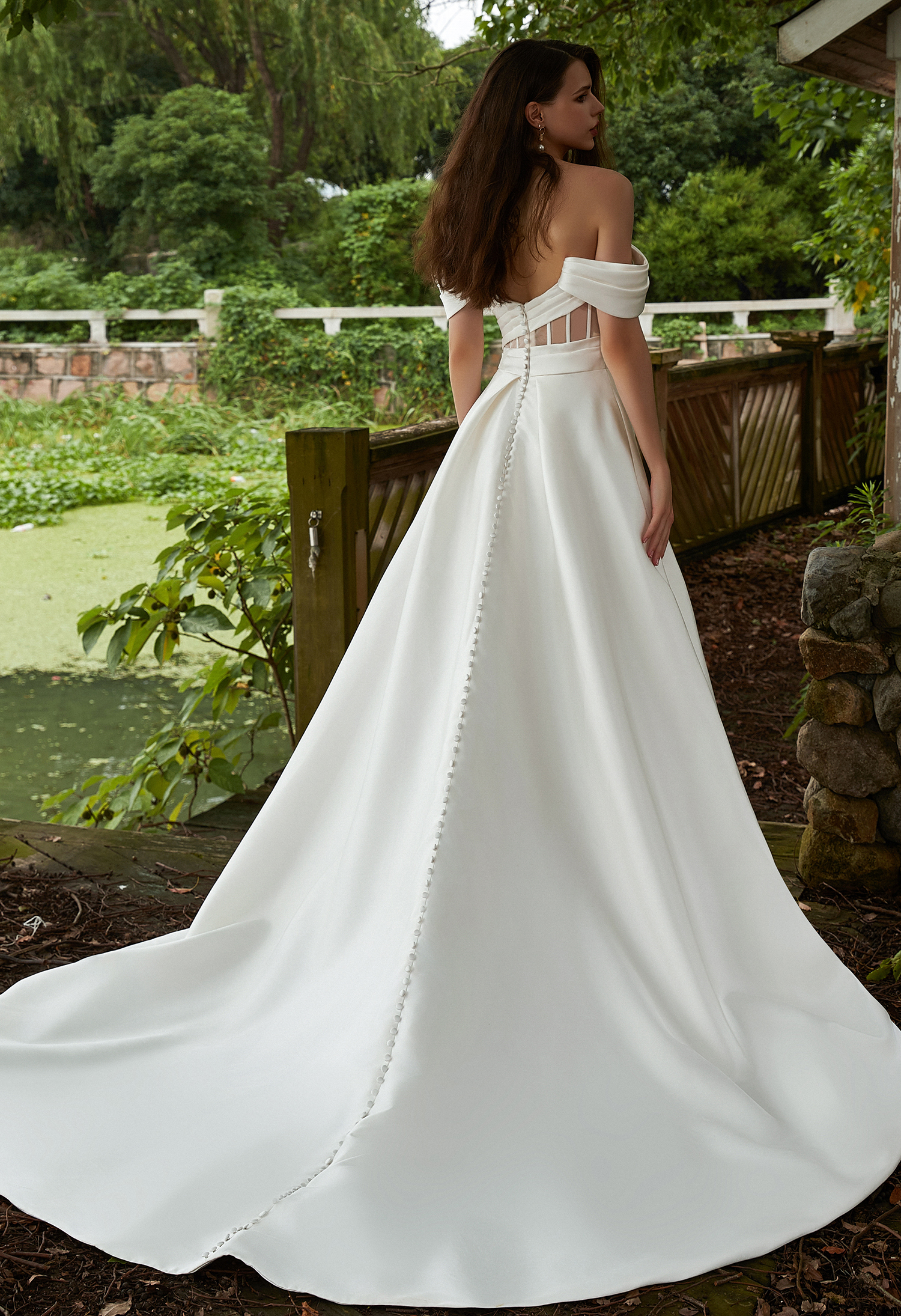 Modern Off Shoulder Slit And Strapless Mikado Wedding Dress - wedding dress at Lacy Bridal San Antonio
