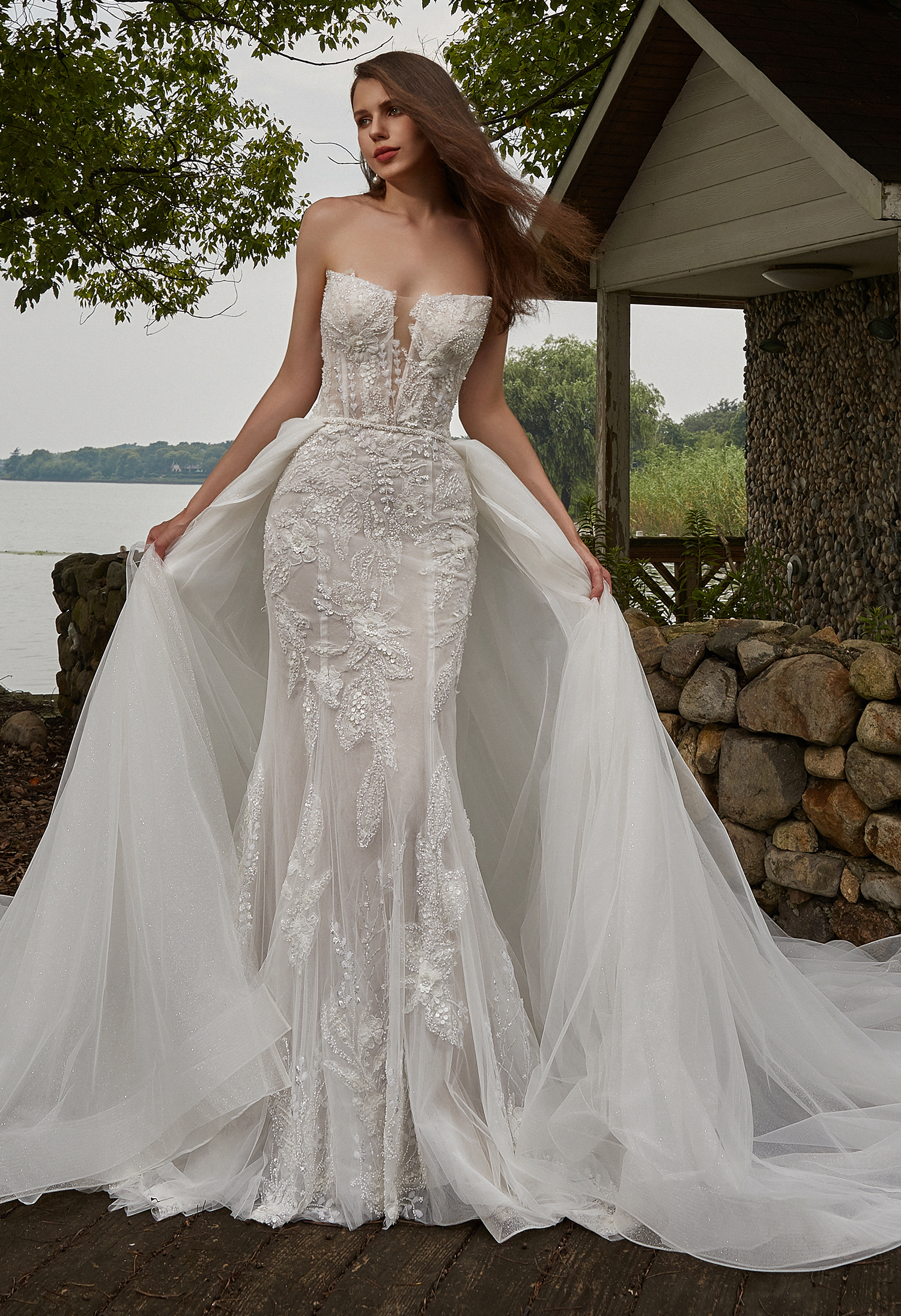 Beaded Sequins Lace And Detachable Overskirt Wedding Dress - wedding dress at Lacy Bridal San Antonio