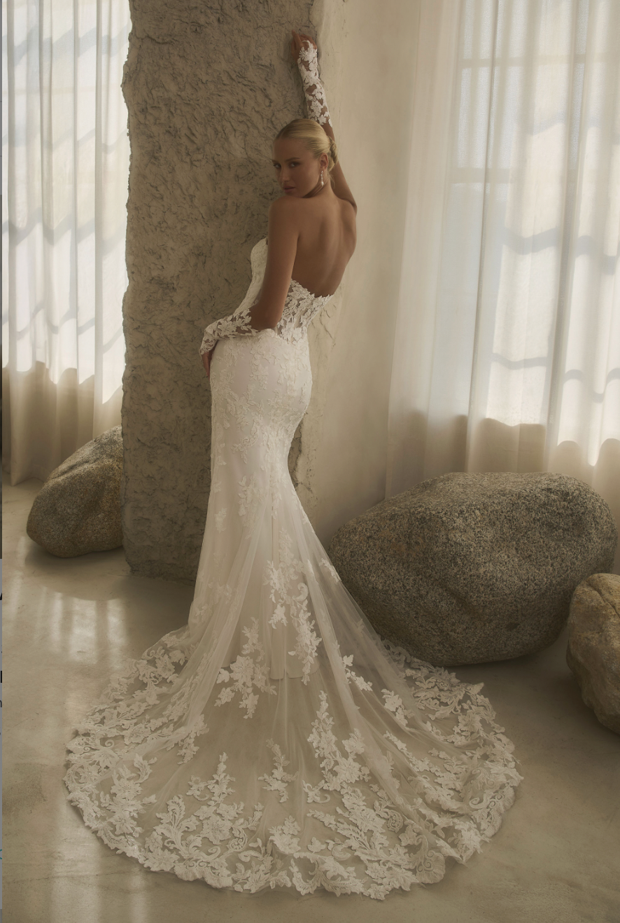 Straight Neck Lace Fit & Flare Wedding Dress - wedding dress at Lacy Bridal San Antonio