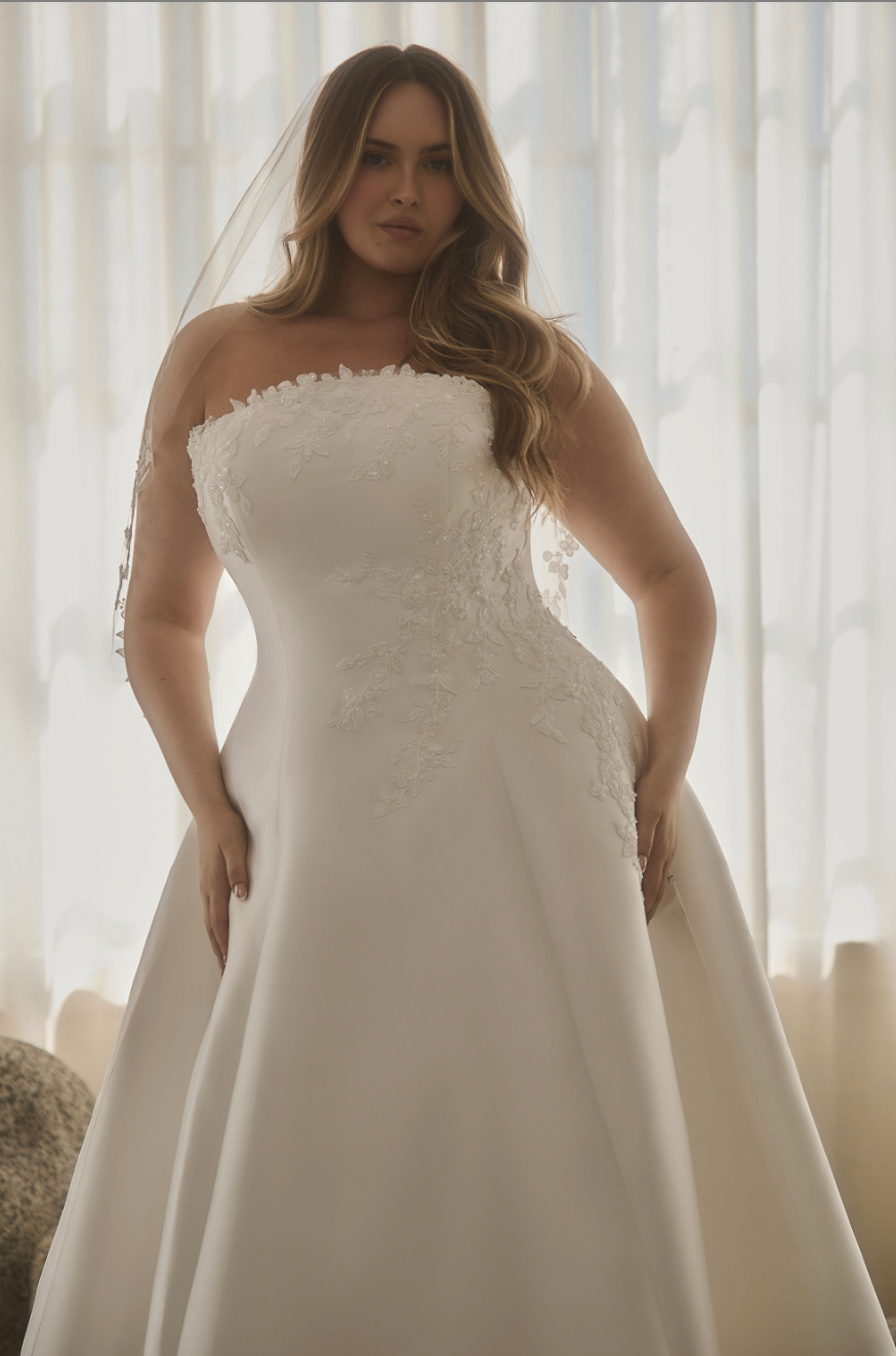 Romantic and timeless, this strapless A-line gown features delicate lace appliqués and a flattering silhouette that enha
