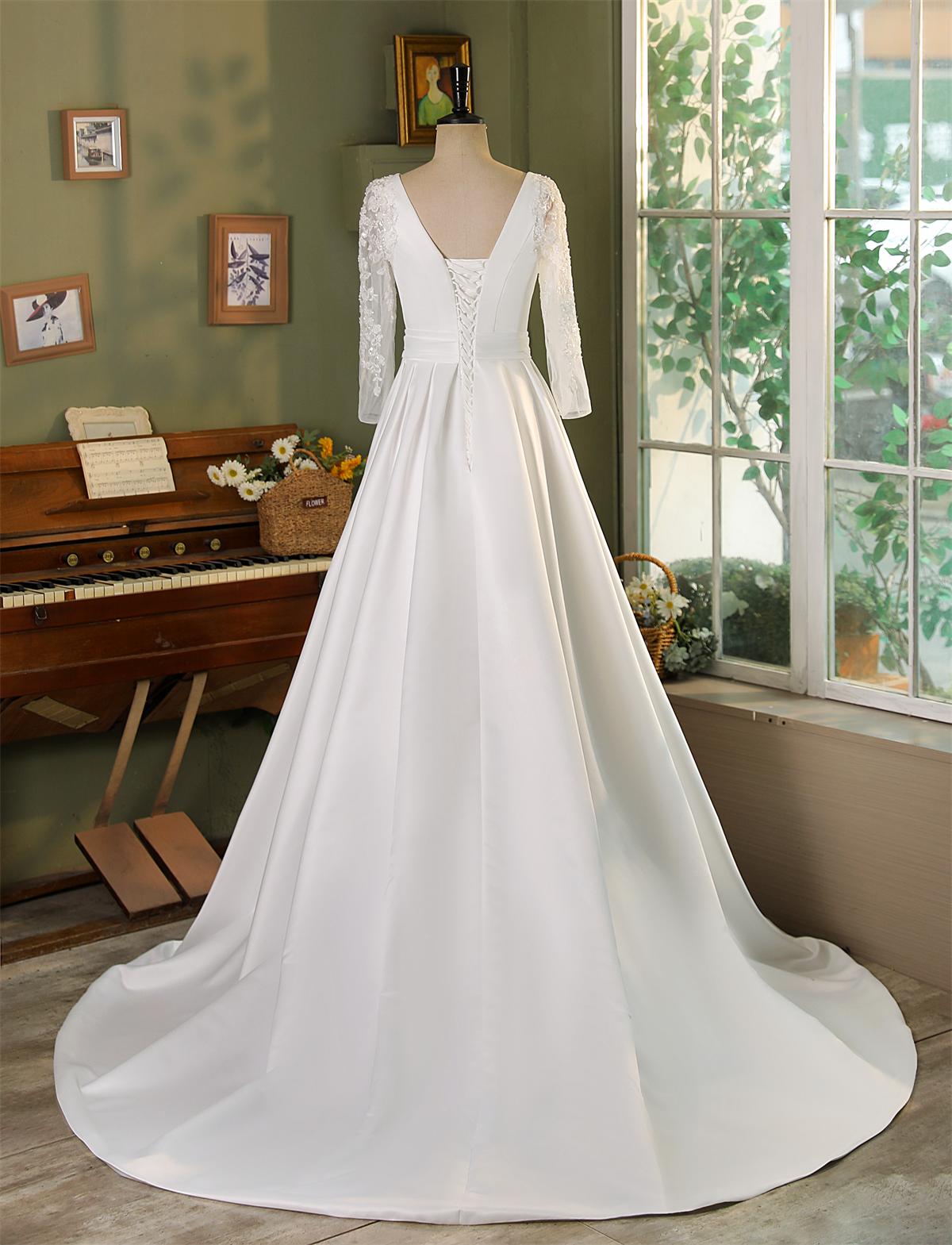 High Neck Modest Corset Satin Wedding Dress - wedding dress at Lacy Bridal San Antonio