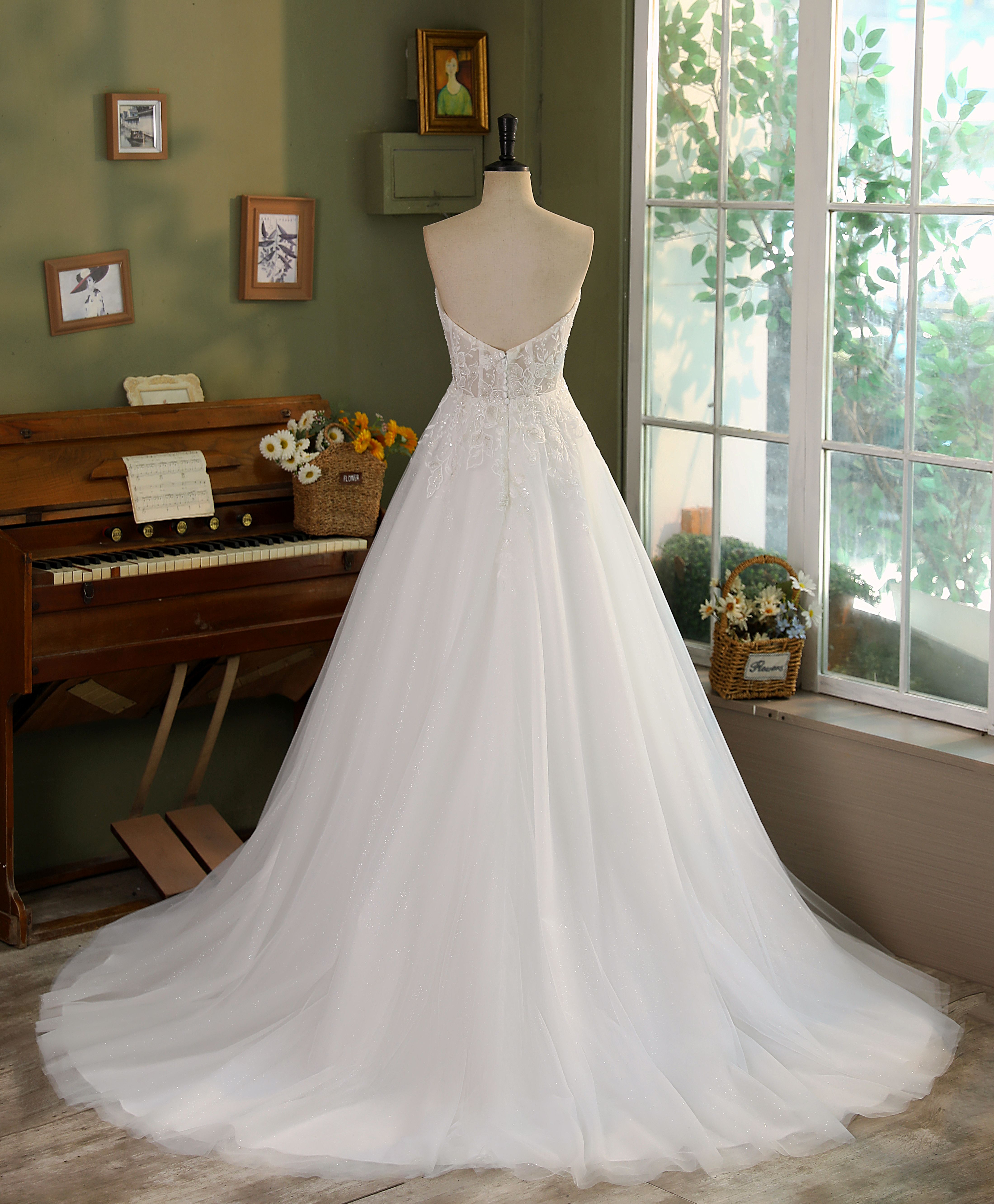 Glam Shimmering A-Line Wedding Dress w/ Slit - wedding dress at Lacy Bridal San Antonio