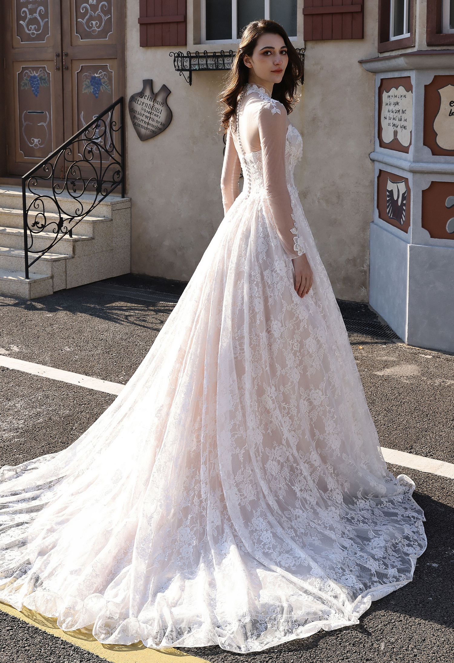 Lace Corset Ball Gown Wedding Dress with Sheer Neckline - wedding dress at Lacy Bridal San Antonio