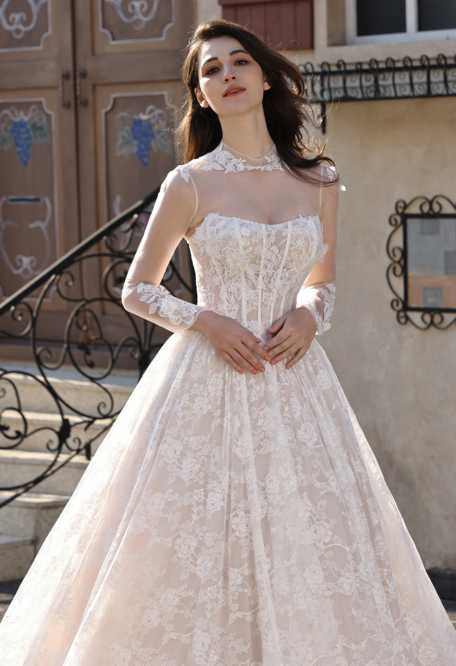 Lace Corset Ball Gown Wedding Dress with Sheer Neckline - wedding dress at Lacy Bridal San Antonio