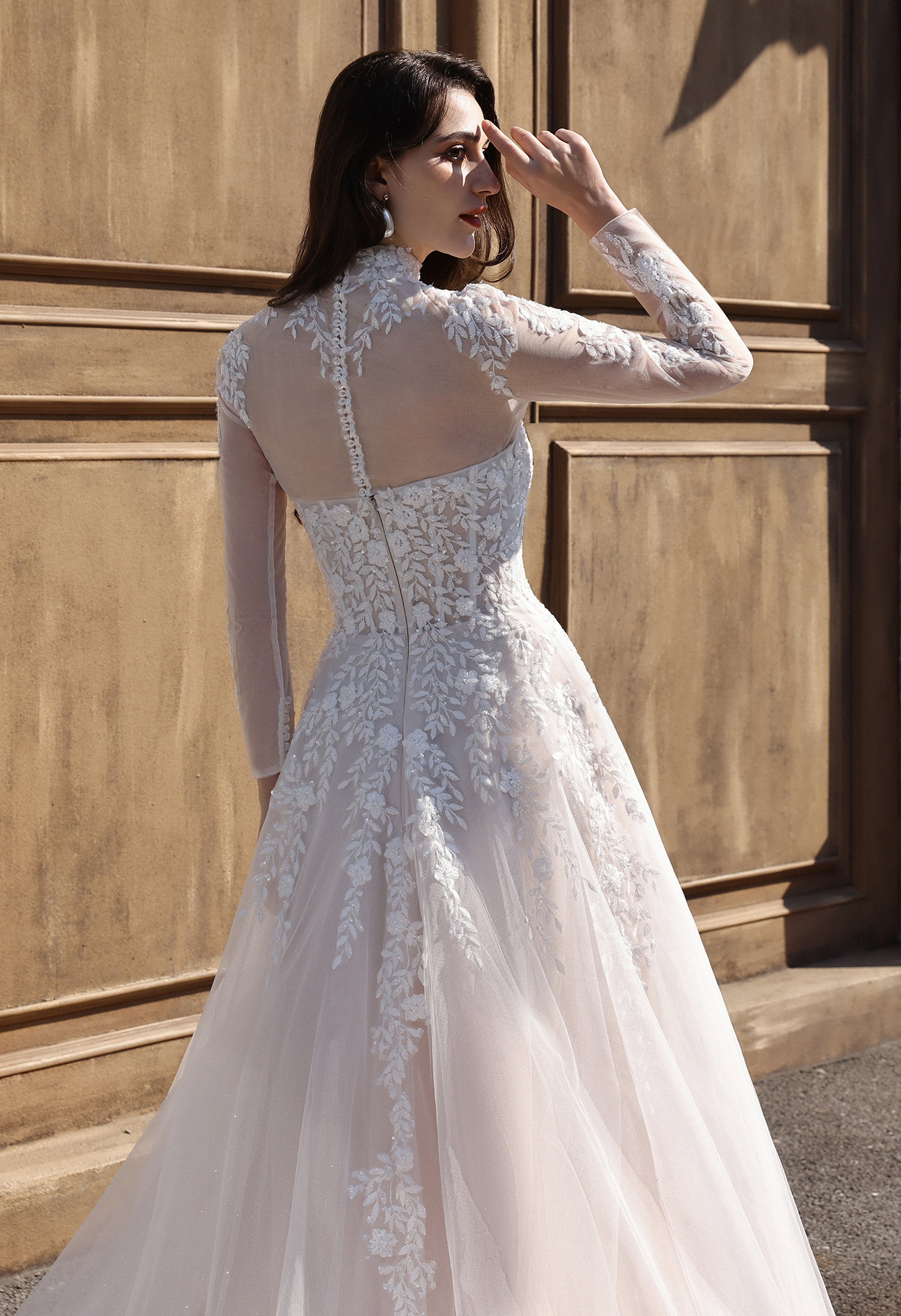 Strapless Lace Wedding Dress with High Neck Lace Jacket and Slit - wedding dress at Lacy Bridal San Antonio