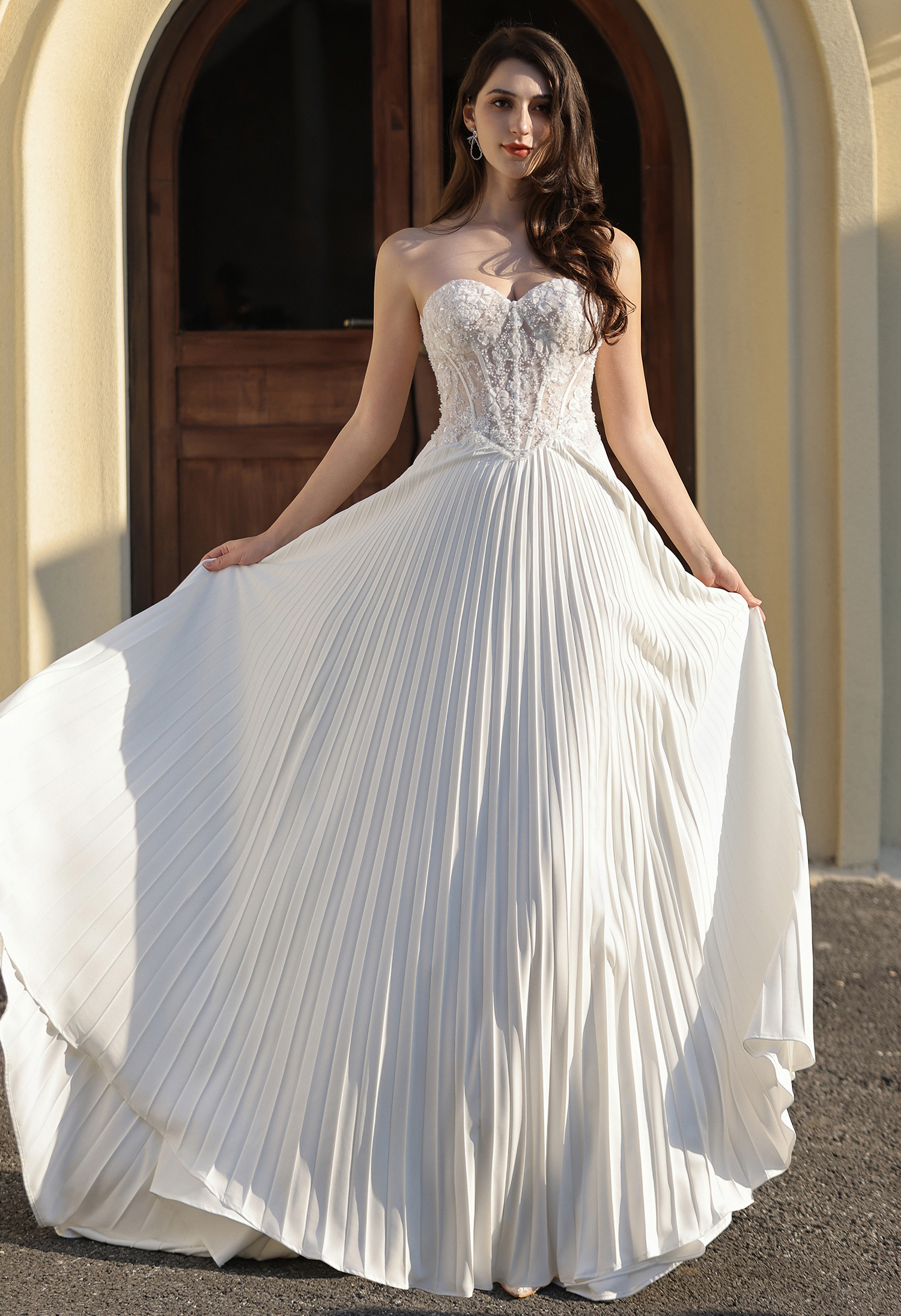 A-Line Boho Drop Waist Fabric - Crepe Fabric - Satin Neckline - Cat-eye New Arrival Outdoor Texas Weddings Simply Chic Vintage Wedding Dresses in San Antonio - wedding dress at Lacy Bridal San Antonio