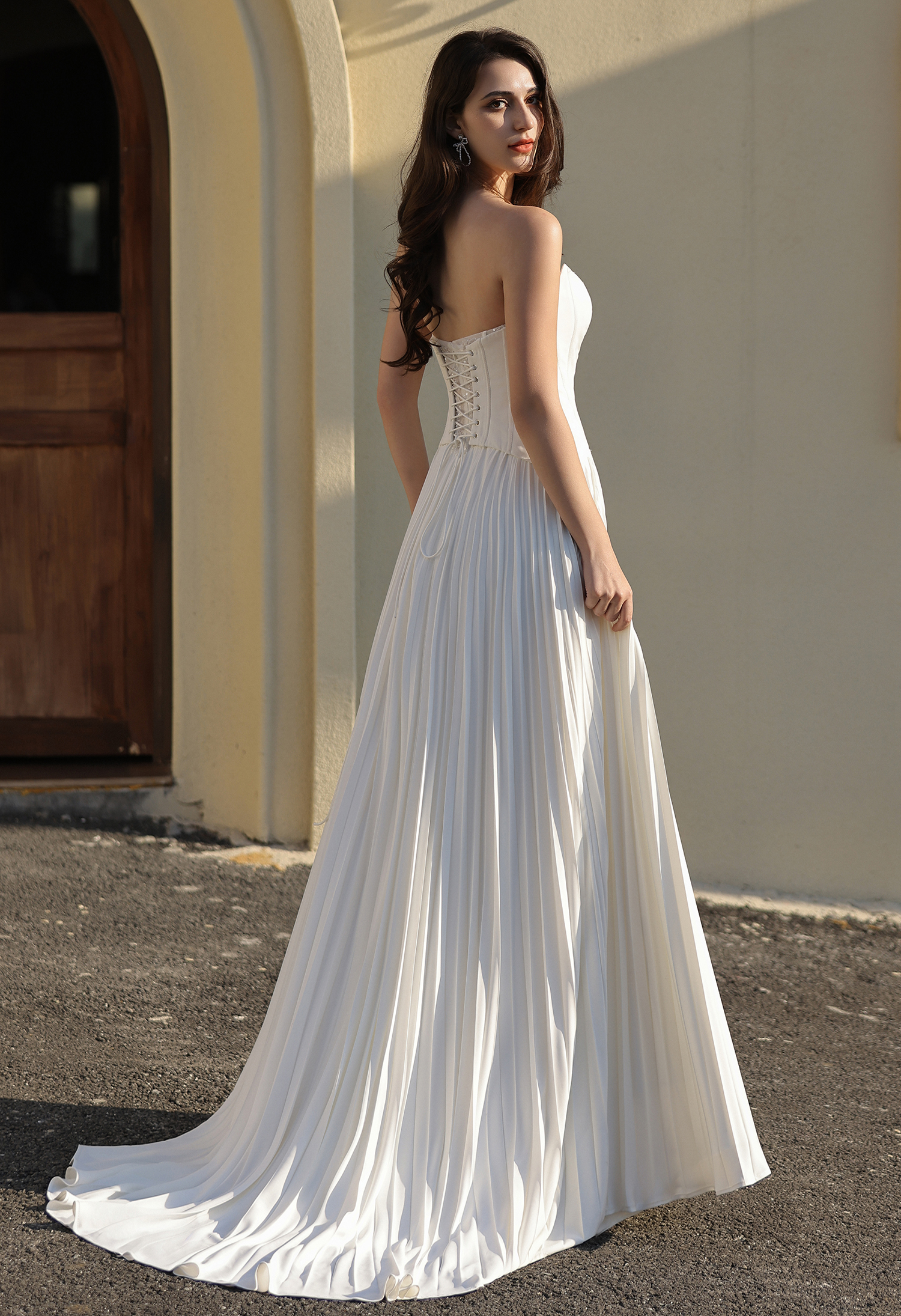 A-Line Boho Drop Waist Fabric - Crepe Fabric - Satin Neckline - Cat-eye New Arrival Outdoor Texas Weddings Simply Chic Vintage Wedding Dresses in San Antonio - wedding dress at Lacy Bridal San Antonio