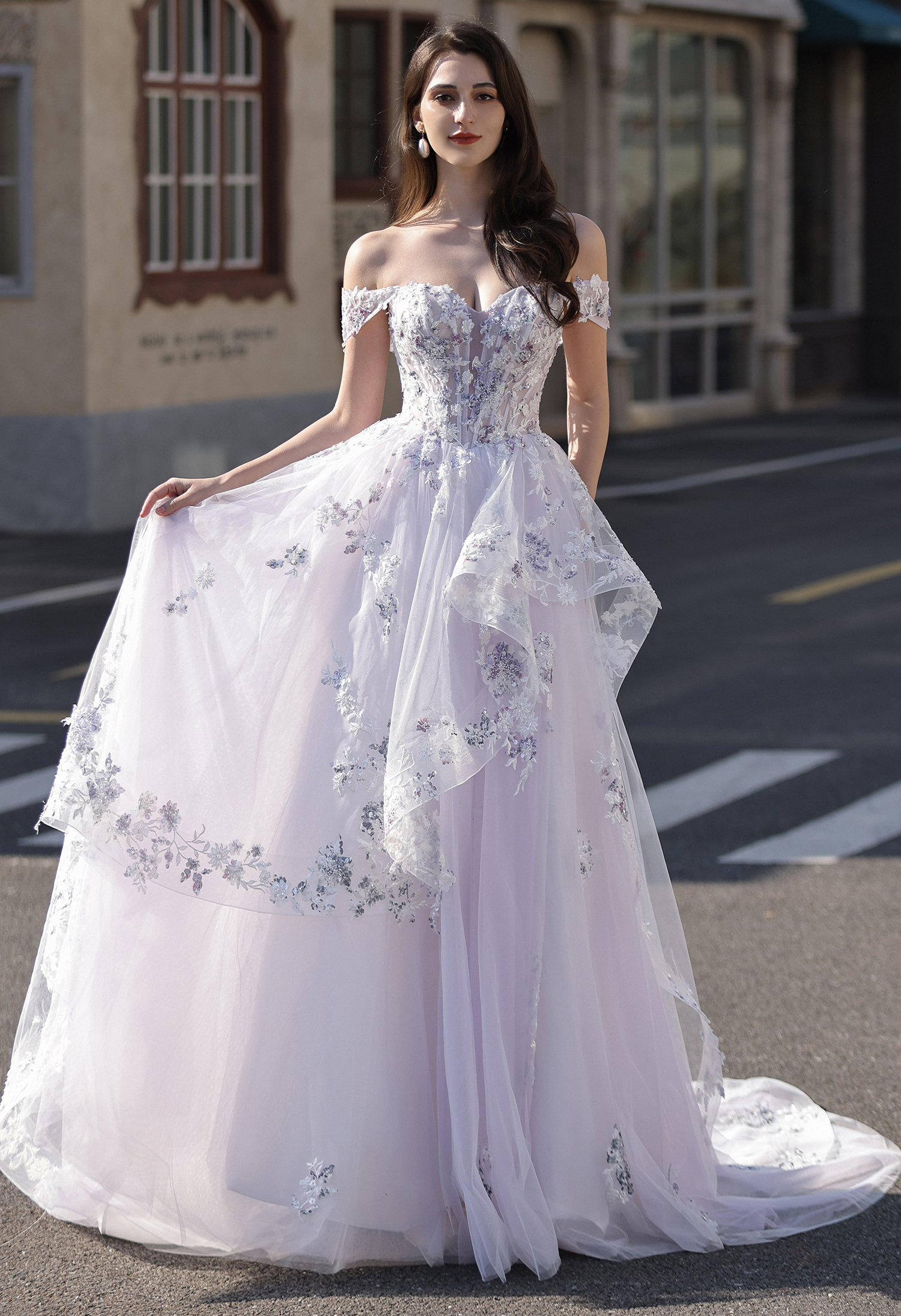 Off-the-Shoulder Floral A-Line Wedding Dress with Lilac Lace | San Antonio Bridal - wedding dress at Lacy Bridal San Antonio
