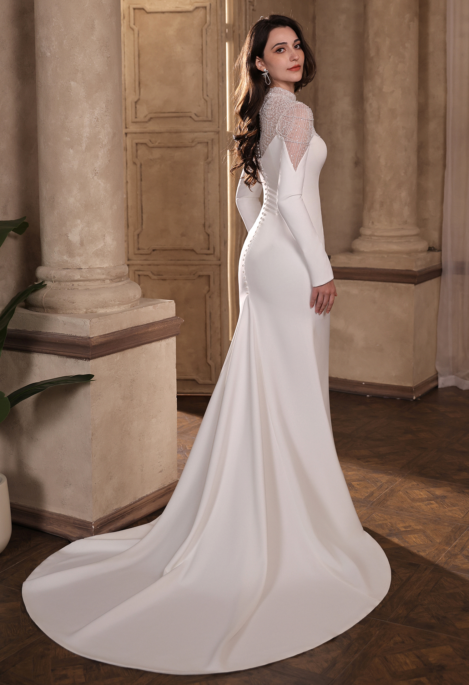 Long Sleeve Crepe Wedding Dress with Beaded Illusion Neckline | San Antonio Bridal - wedding dress at Lacy Bridal San Antonio