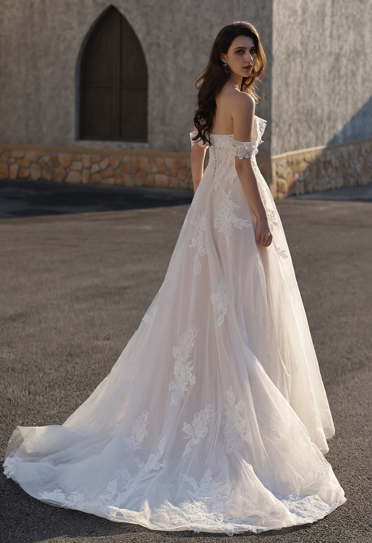 Off-the-Shoulder Lace A-Line Wedding Dress | San Antonio Bridal - wedding dress at Lacy Bridal San Antonio
