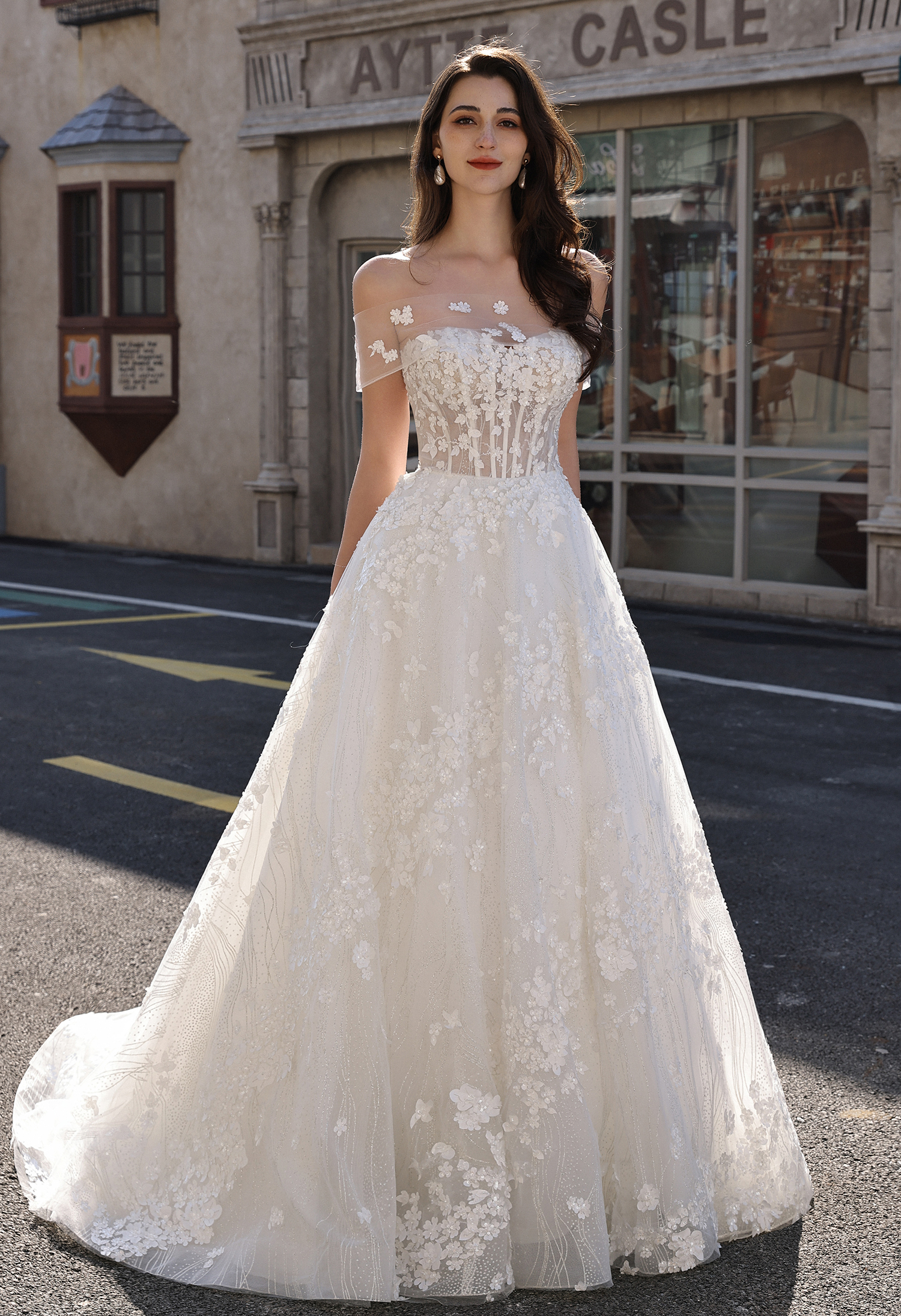 Floral Lace Ball Gown Wedding Dress with Matching Veil | San Antonio Bridal - wedding dress at Lacy Bridal San Antonio