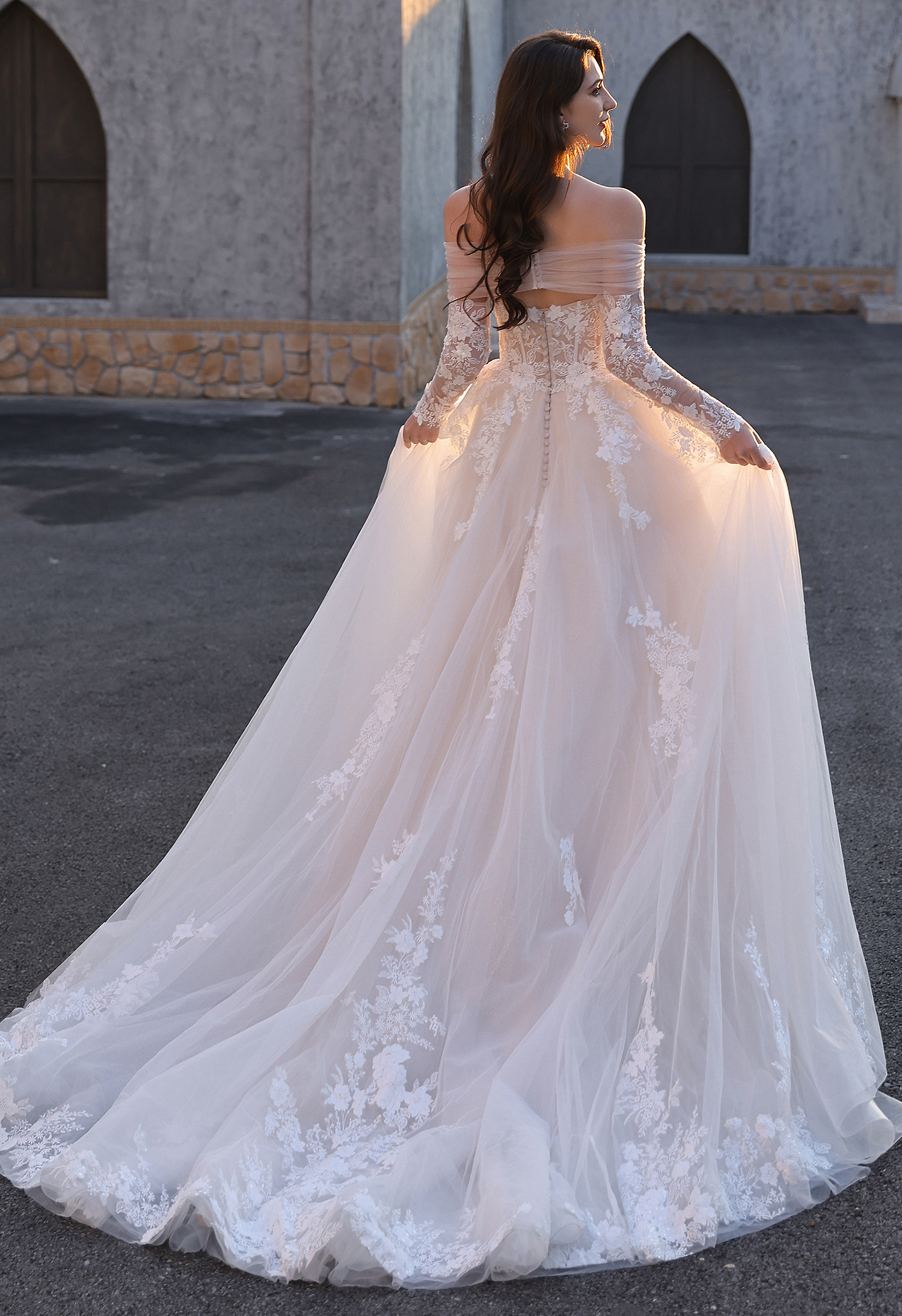 Off-the-Shoulder Lace Ball Gown Wedding Dress with Removable Sleeves | San Antonio Bridal - wedding dress at Lacy Bridal San Antonio