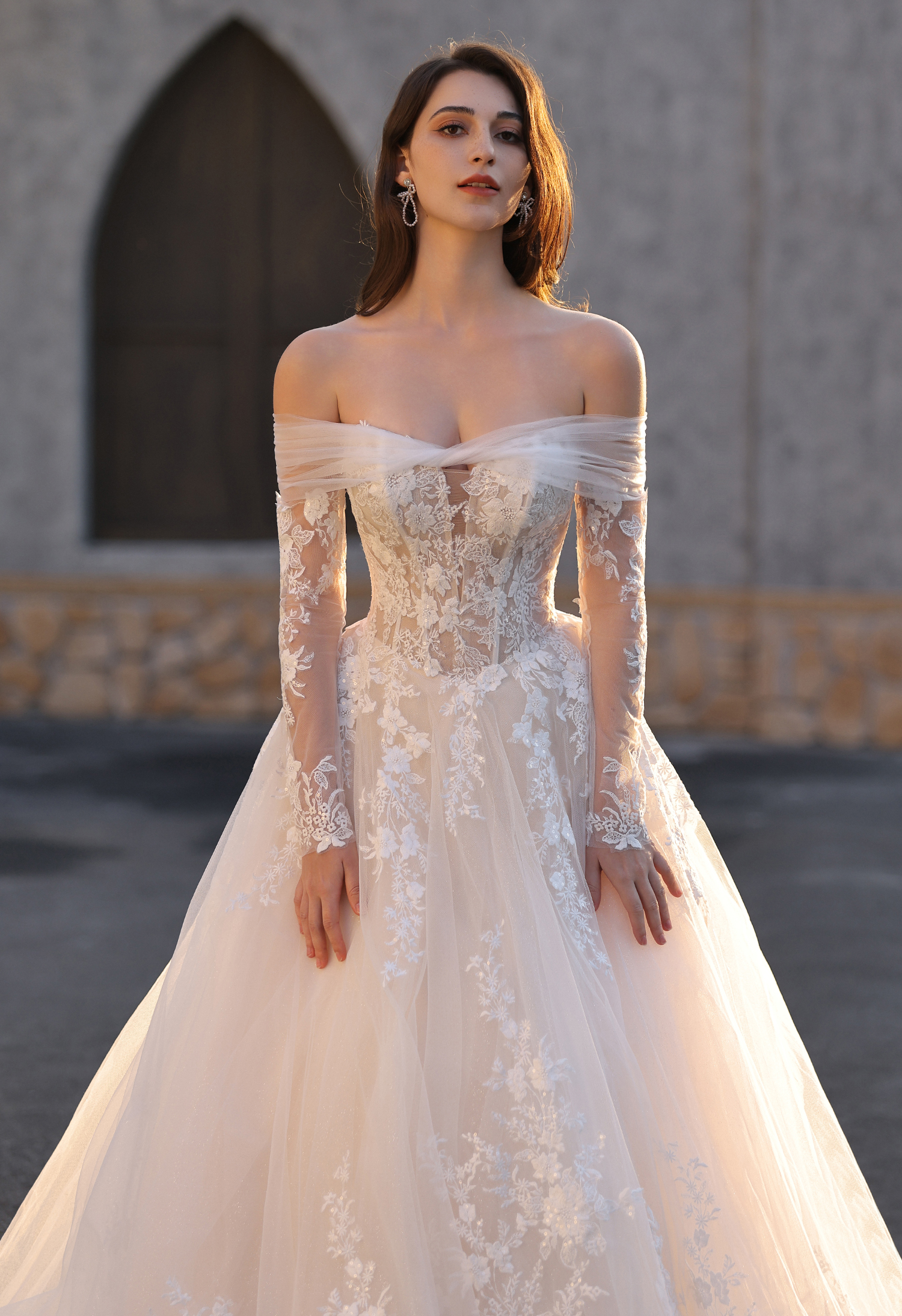 Off-the-Shoulder Lace Ball Gown Wedding Dress with Removable Sleeves | San Antonio Bridal - wedding dress at Lacy Bridal San Antonio