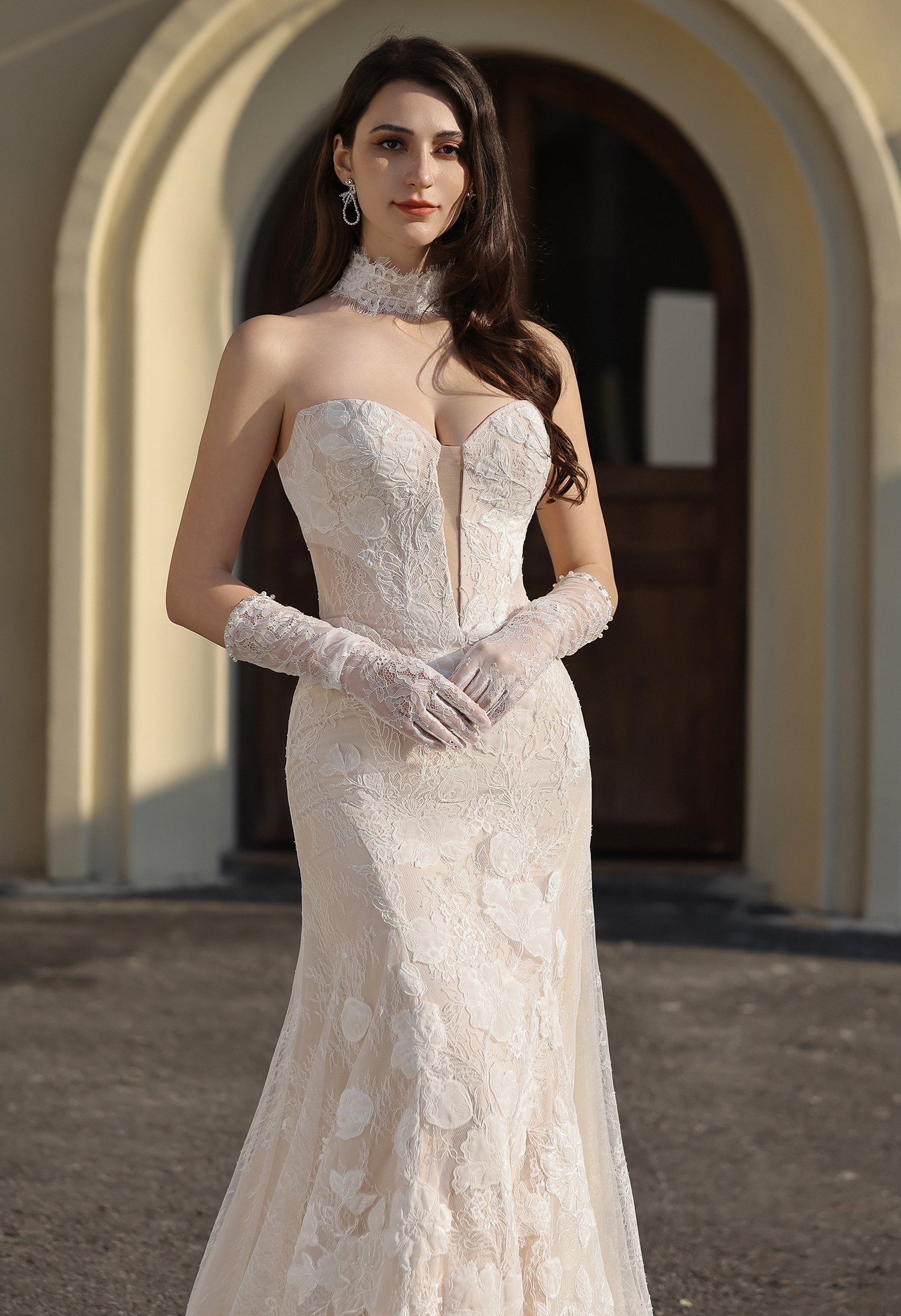 Strapless Lace Wedding Dress with Choker and Gloves | San Antonio Bridal - wedding dress at Lacy Bridal San Antonio