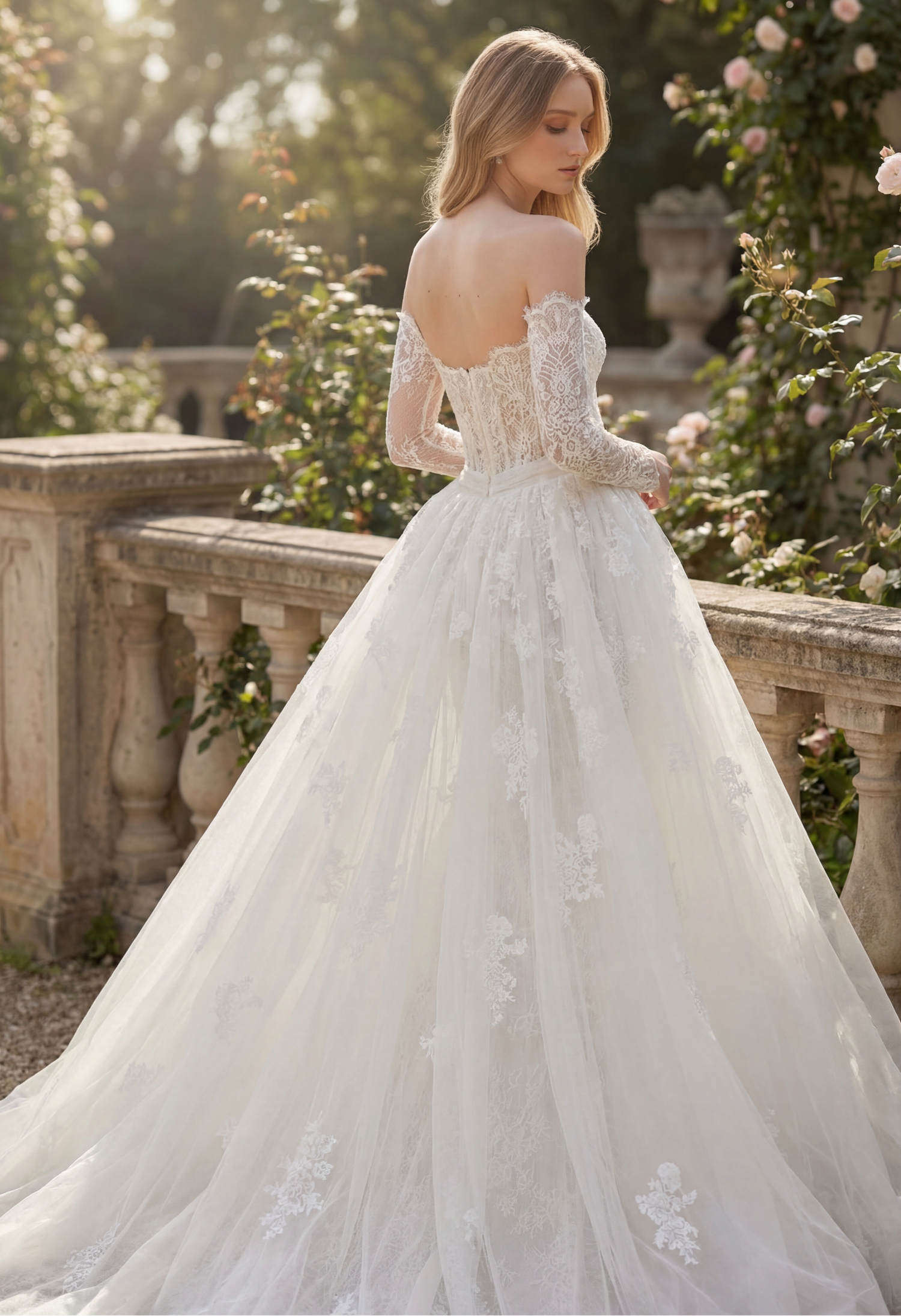 Lace Wedding Dress with Long Sleeves | Detachable Overskirt - wedding dress at Lacy Bridal San Antonio