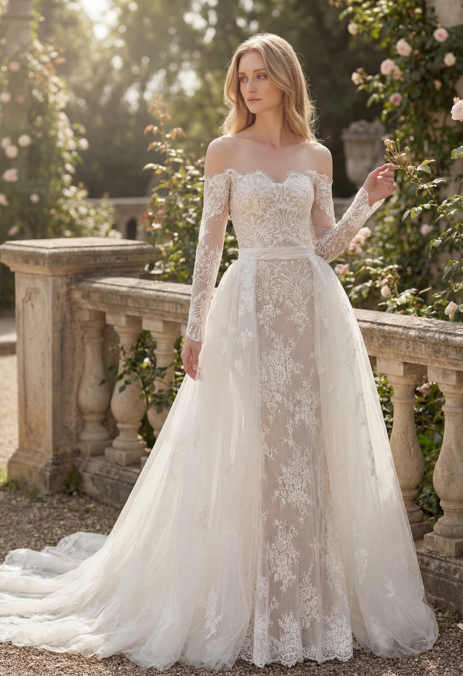 Lace Wedding Dress with Long Sleeves | Detachable Overskirt - wedding dress at Lacy Bridal San Antonio