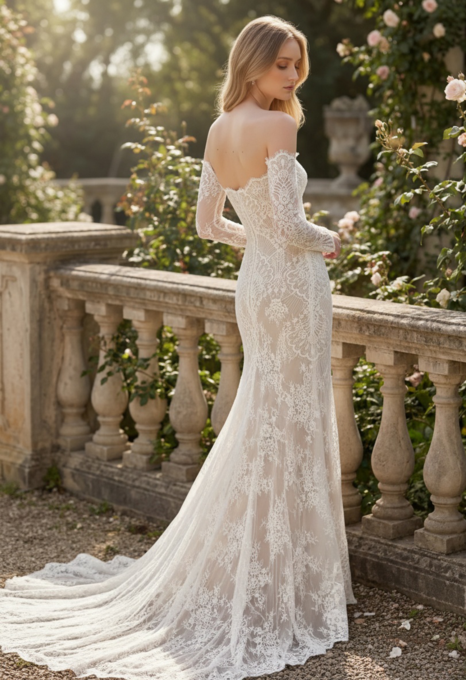 Lace Wedding Dress with Long Sleeves | Detachable Overskirt - wedding dress at Lacy Bridal San Antonio