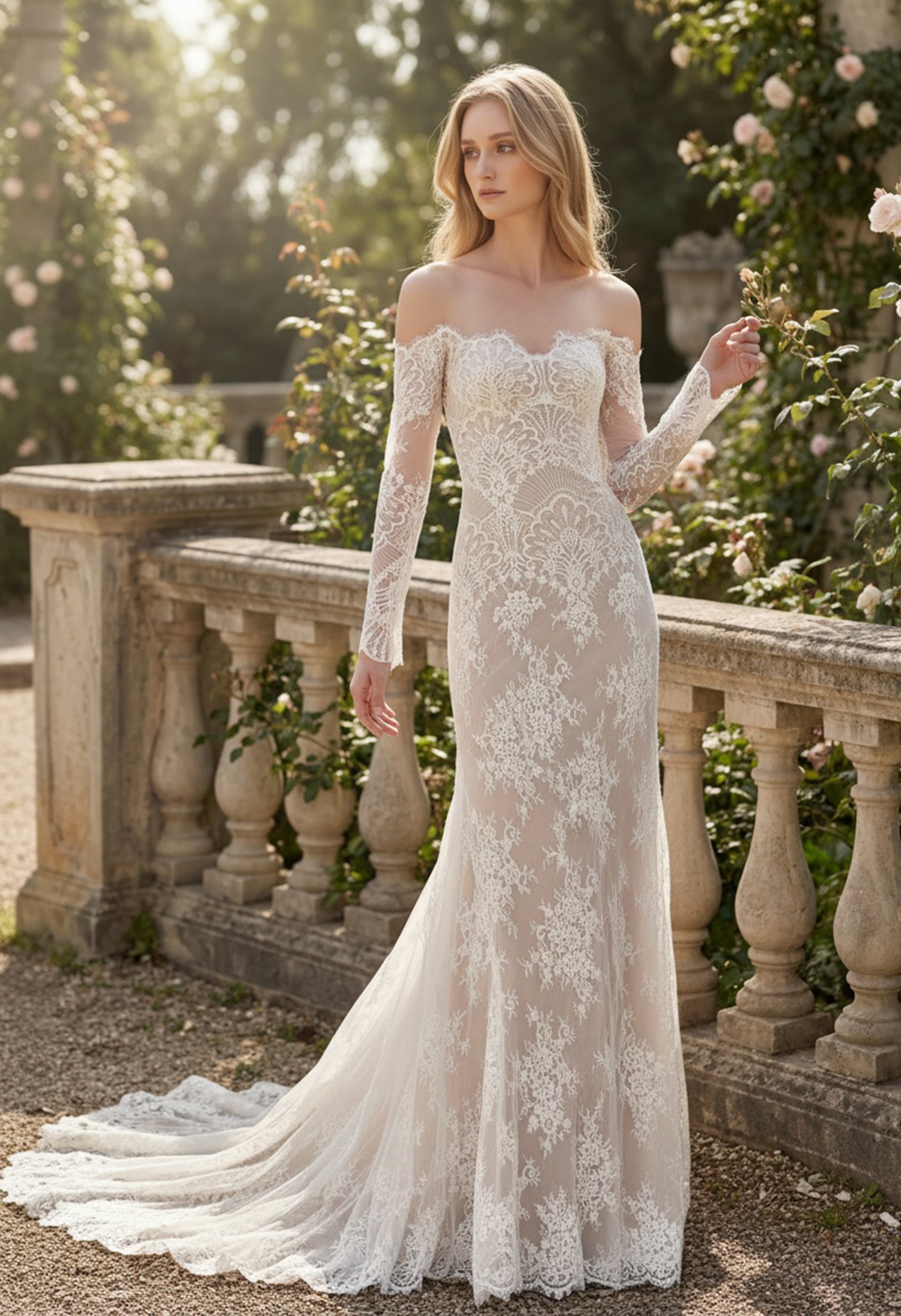 This beautiful lace wedding dress features a romantic off-the-shoulder neckline, long sleeves, and intricate floral lace