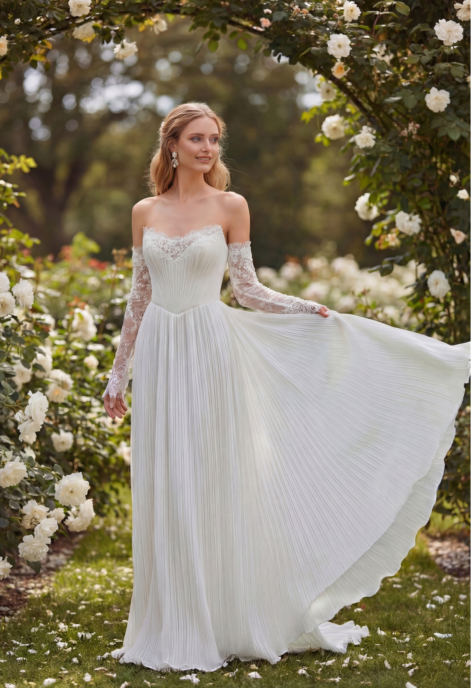 This off the shoulder wedding dress features delicate lace sleeves, a softly structured bodice, and a flowing pleated sk