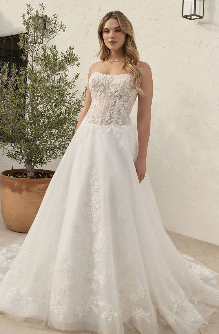 Embrace your fairytale in this exquisite strapless drop waist A-line gown, where ethereal tulle meets delicate floral la