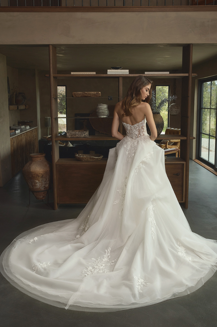 Basque Waist Organza and Lace Wedding Dress with Peplum Overskirt - wedding dress at Lacy Bridal San Antonio