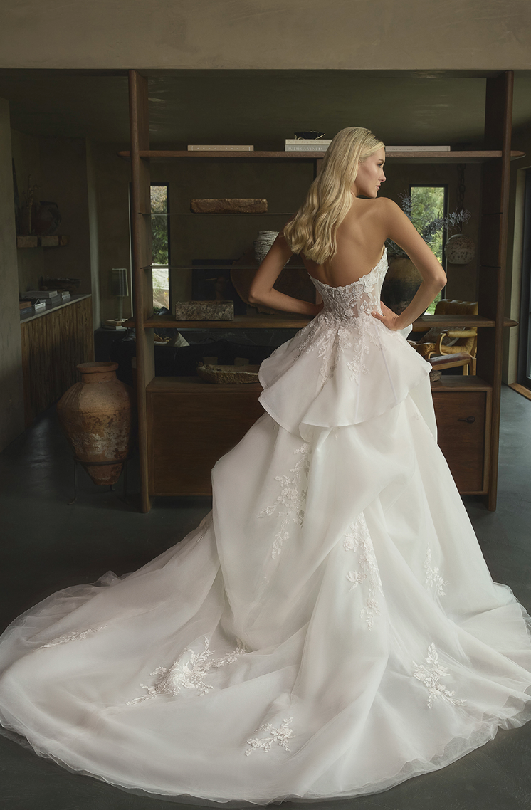 Basque Waist Organza and Lace Wedding Dress with Peplum Overskirt - wedding dress at Lacy Bridal San Antonio
