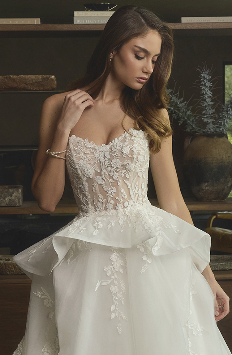 Basque Waist Organza and Lace Wedding Dress with Peplum Overskirt - wedding dress at Lacy Bridal San Antonio