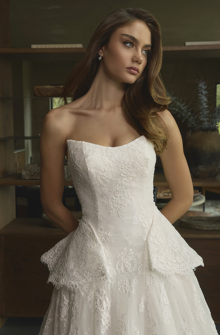 Gorgeous Lace Basque Waist Wedding Gown w/ Peplum Overskirt - wedding dress at Lacy Bridal San Antonio